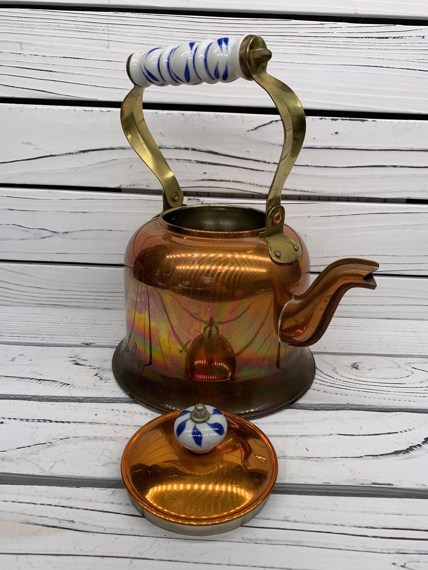 Vintage Copper Teapot With Blue and White Ceramic Handle -Located at Funkyhouse Vintage Antique Store, Weiser Idaho
