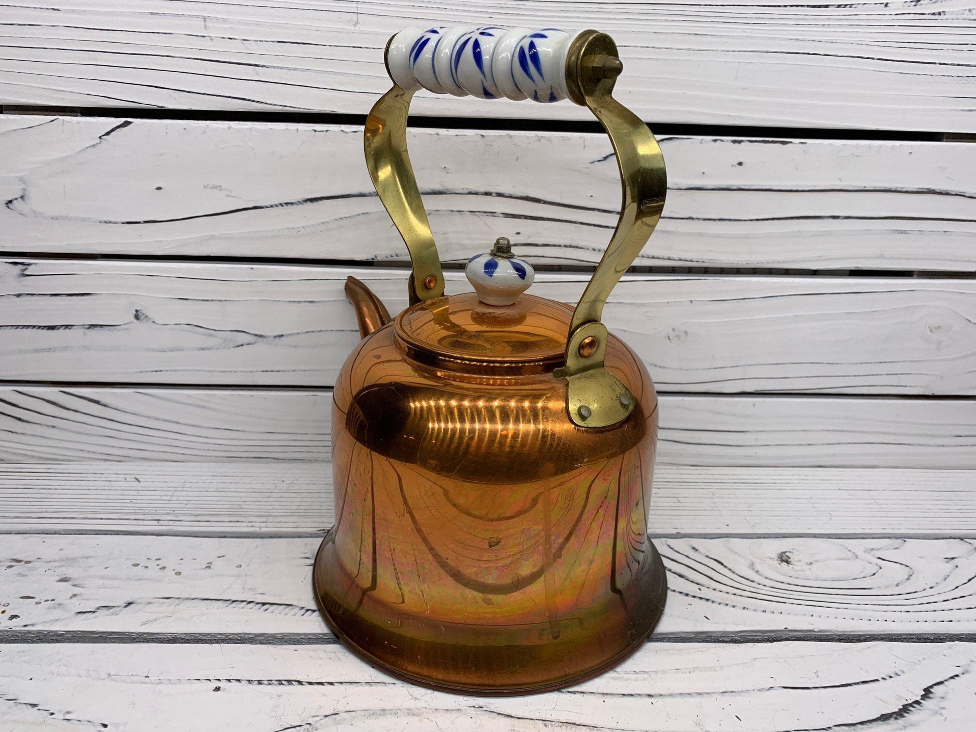 Vintage Copper Teapot With Blue and White Ceramic Handle -Located at Funkyhouse Vintage Antique Store, Weiser Idaho