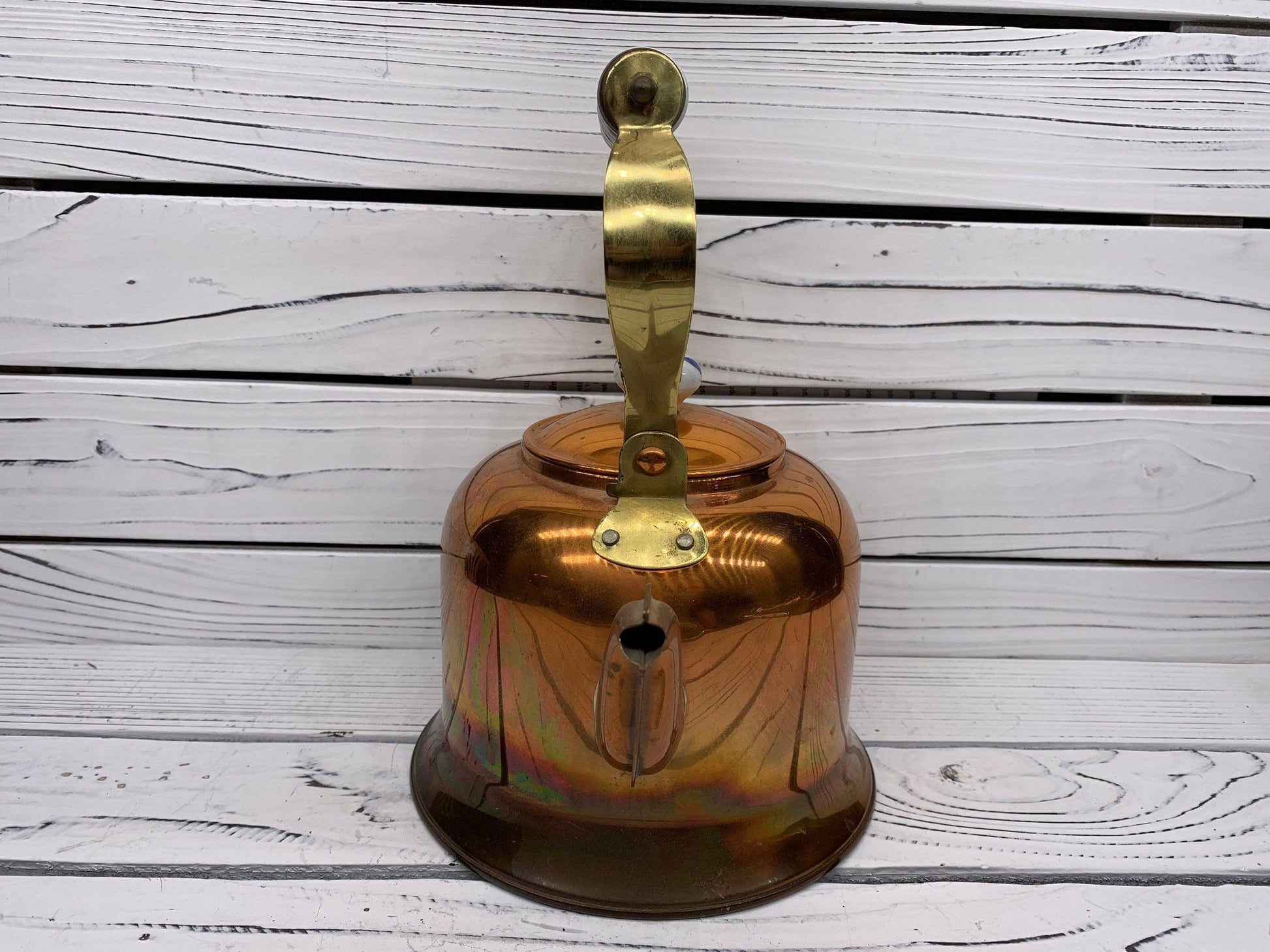 Vintage Copper Teapot With Blue and White Ceramic Handle -Located at Funkyhouse Vintage Antique Store, Weiser Idaho