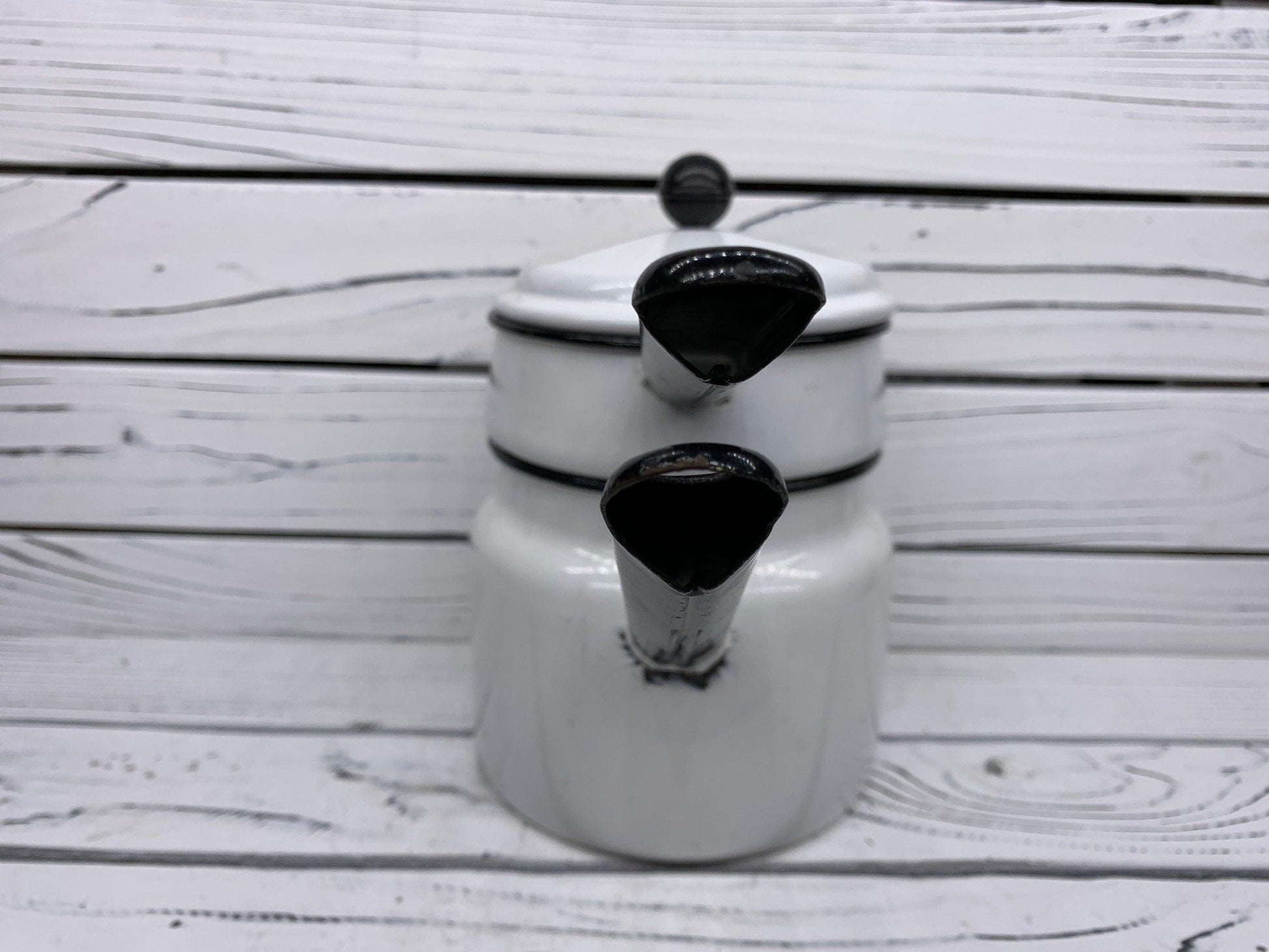 Vintage Cream Enamelware Double Boiler with Black Trim -Located at Funkyhouse Vintage Antique Store, Weiser Idaho