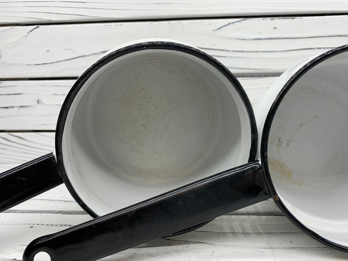 Vintage Cream Enamelware Double Boiler with Black Trim -Located at Funkyhouse Vintage Antique Store, Weiser Idaho
