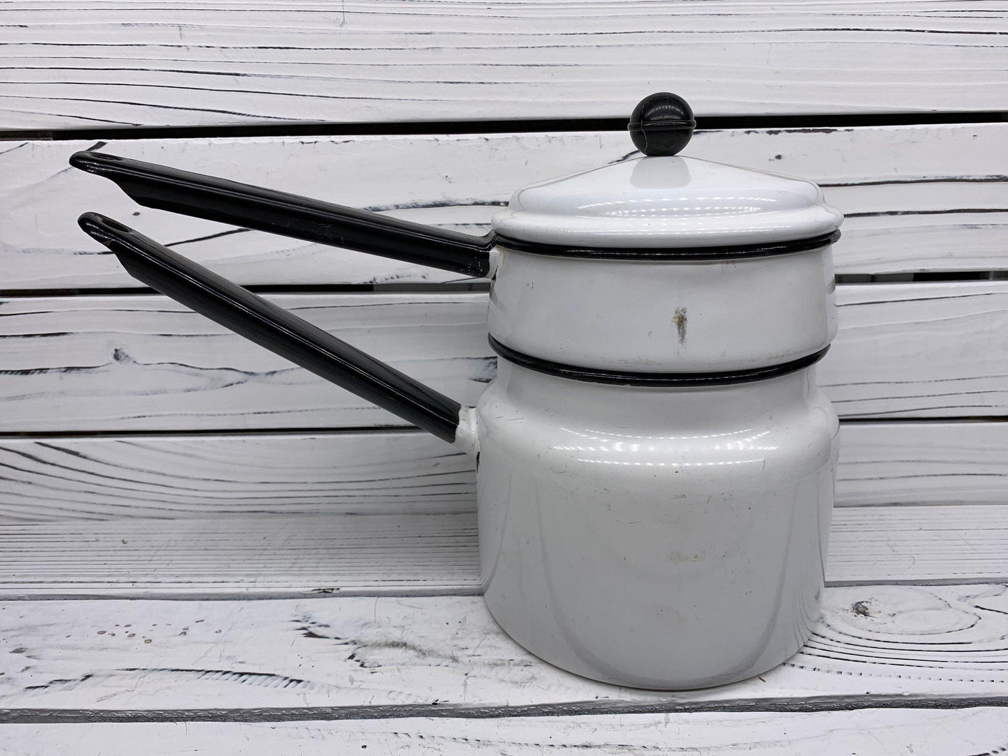 Vintage Cream Enamelware Double Boiler with Black Trim -Located at Funkyhouse Vintage Antique Store, Weiser Idaho