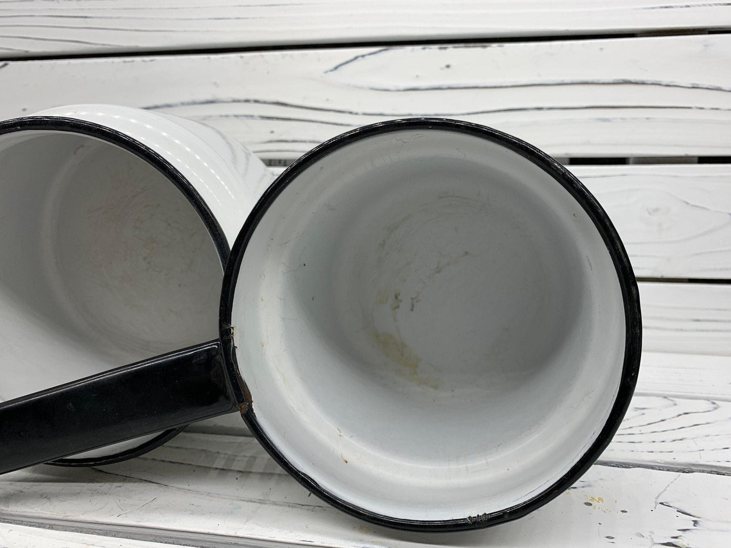 Vintage Cream Enamelware Double Boiler with Black Trim -Located at Funkyhouse Vintage Antique Store, Weiser Idaho