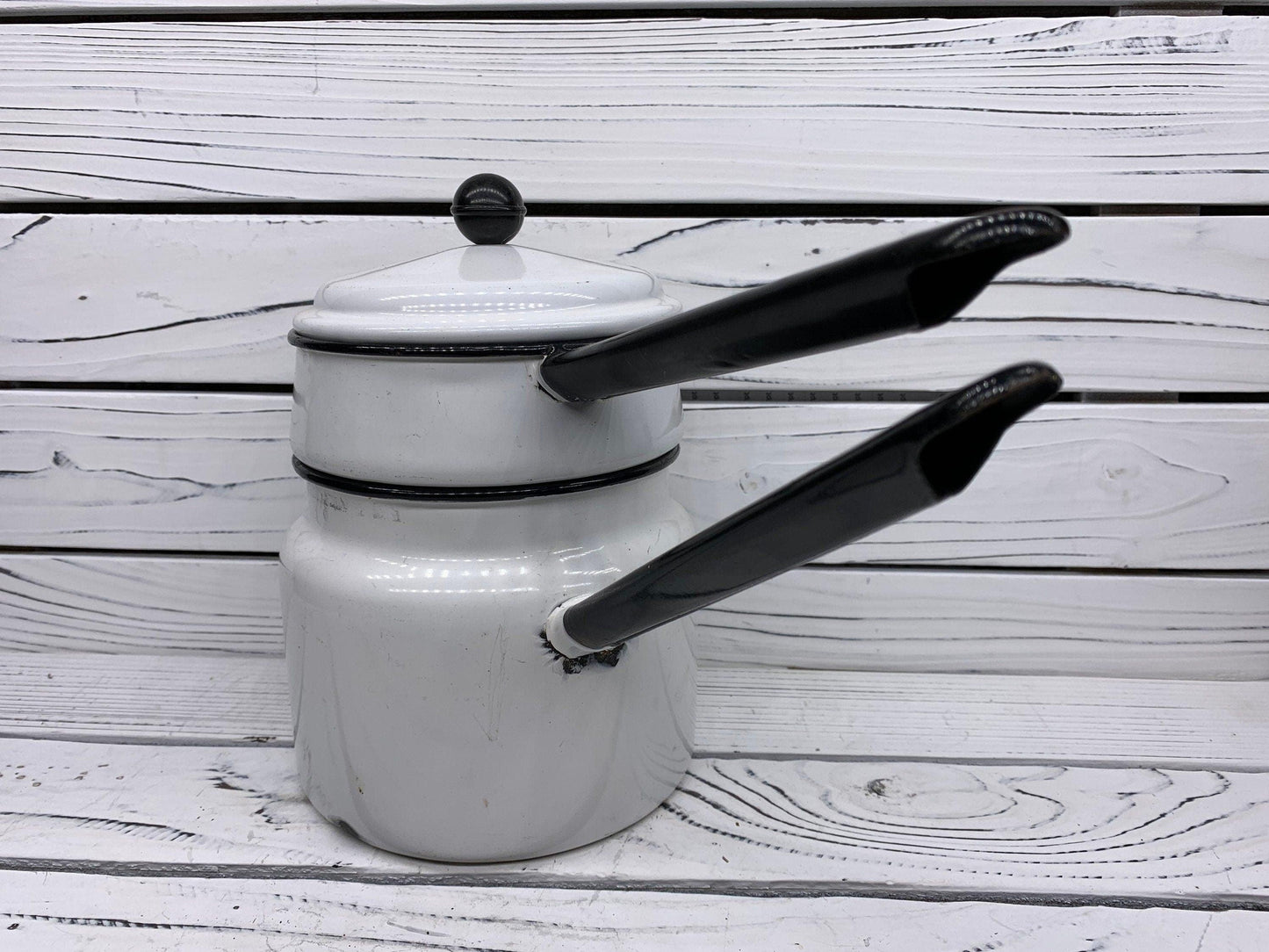 Vintage Cream Enamelware Double Boiler with Black Trim -Located at Funkyhouse Vintage Antique Store, Weiser Idaho
