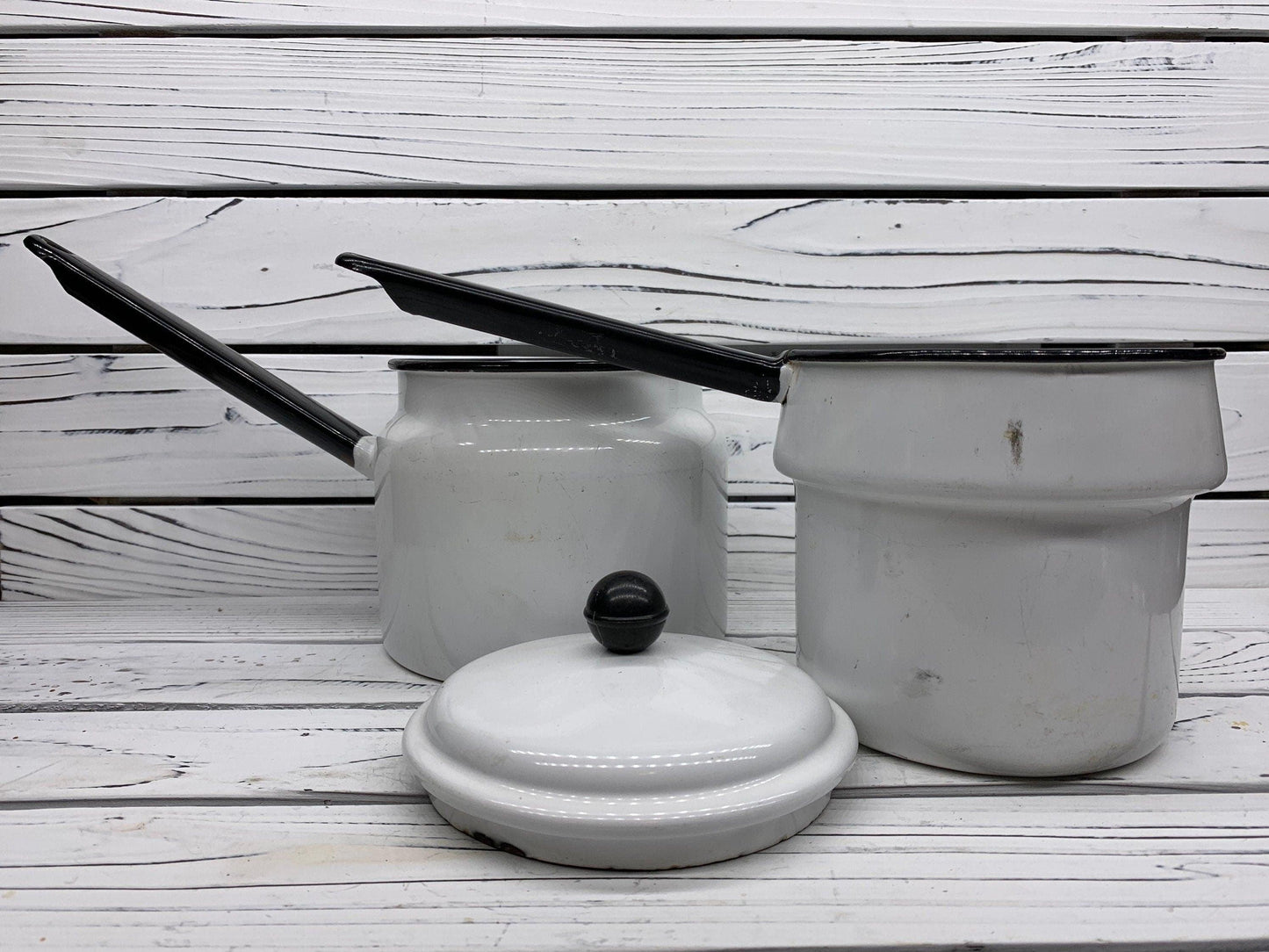Vintage Cream Enamelware Double Boiler with Black Trim -Located at Funkyhouse Vintage Antique Store, Weiser Idaho