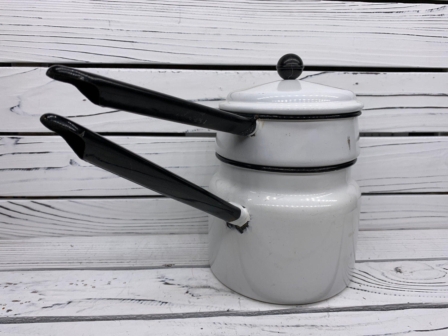 Vintage Cream Enamelware Double Boiler with Black Trim -Located at Funkyhouse Vintage Antique Store, Weiser Idaho