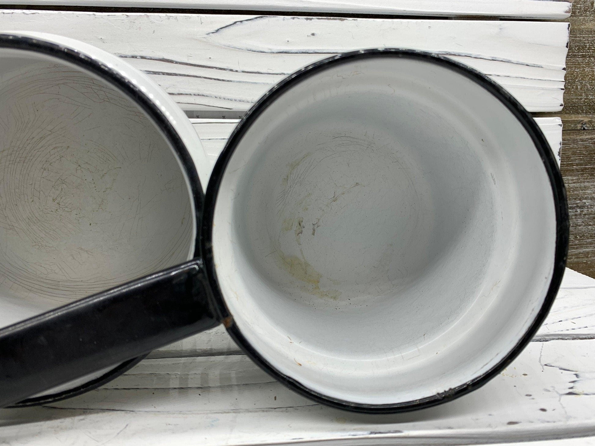Vintage Cream Enamelware Double Boiler with Black Trim -Located at Funkyhouse Vintage Antique Store, Weiser Idaho