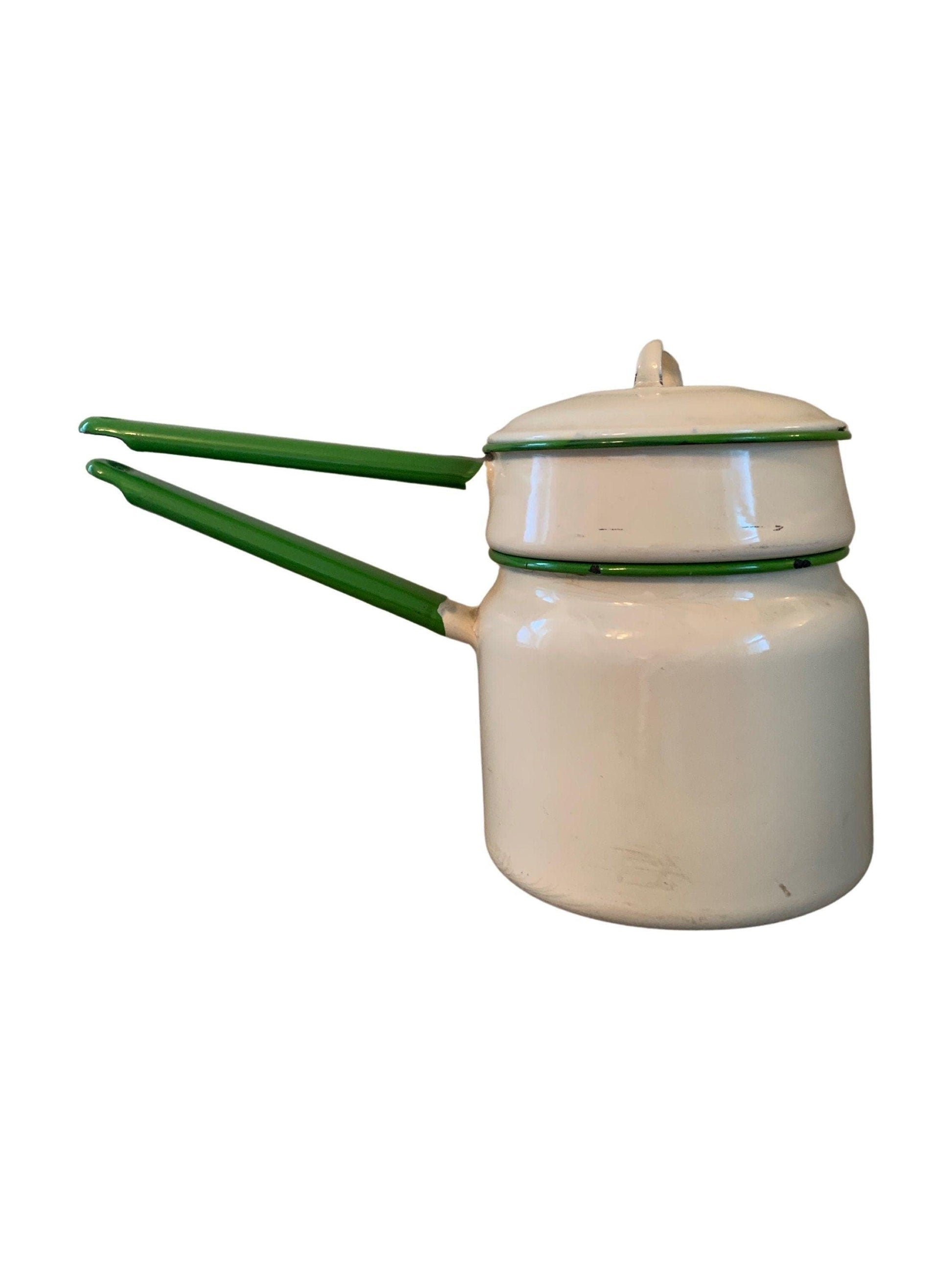 Vintage Cream Enamelware Double Boiler with Green Trim -Located at Funkyhouse Vintage Antique Store, Weiser Idaho