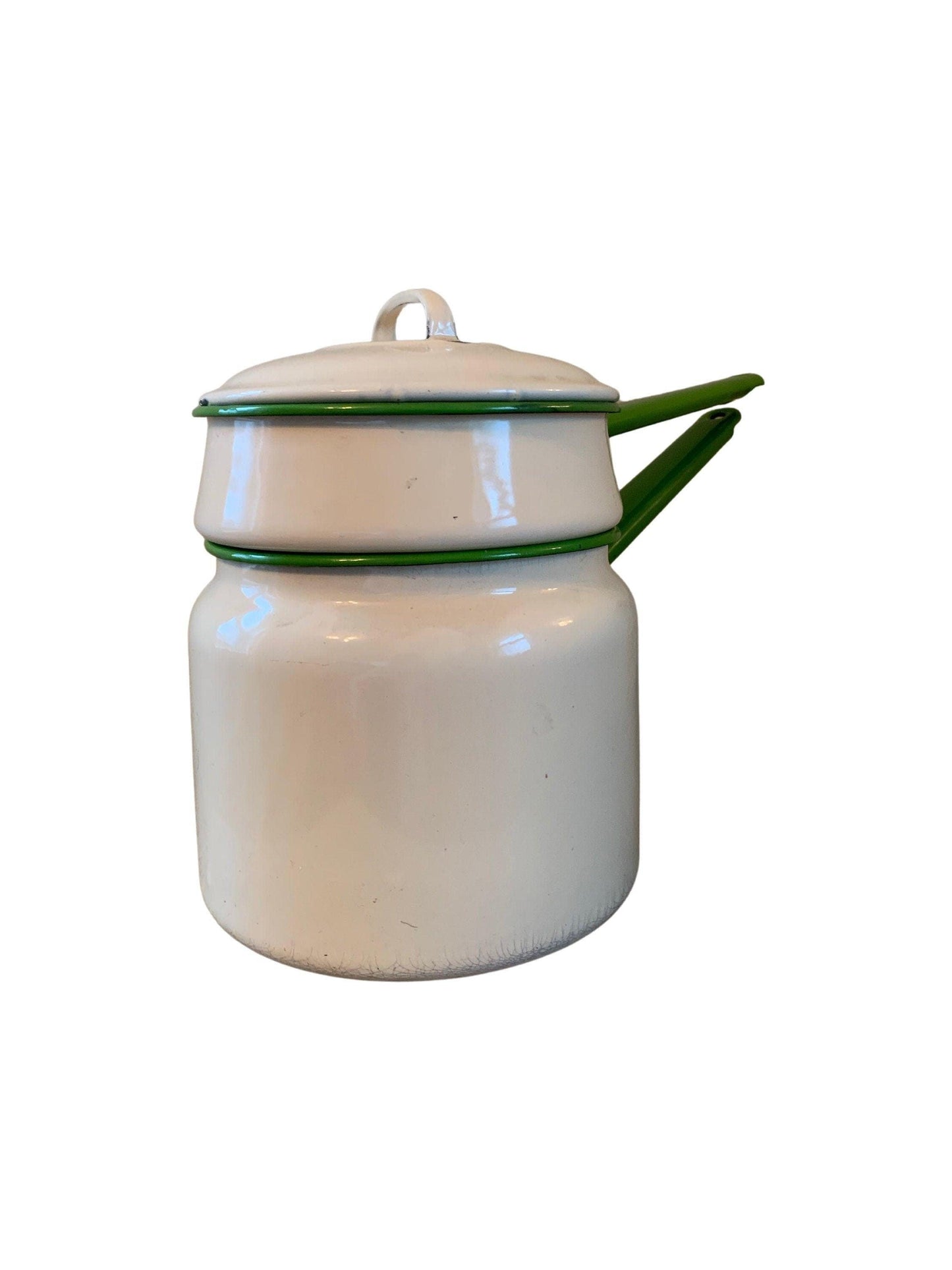 Vintage Cream Enamelware Double Boiler with Green Trim -Located at Funkyhouse Vintage Antique Store, Weiser Idaho