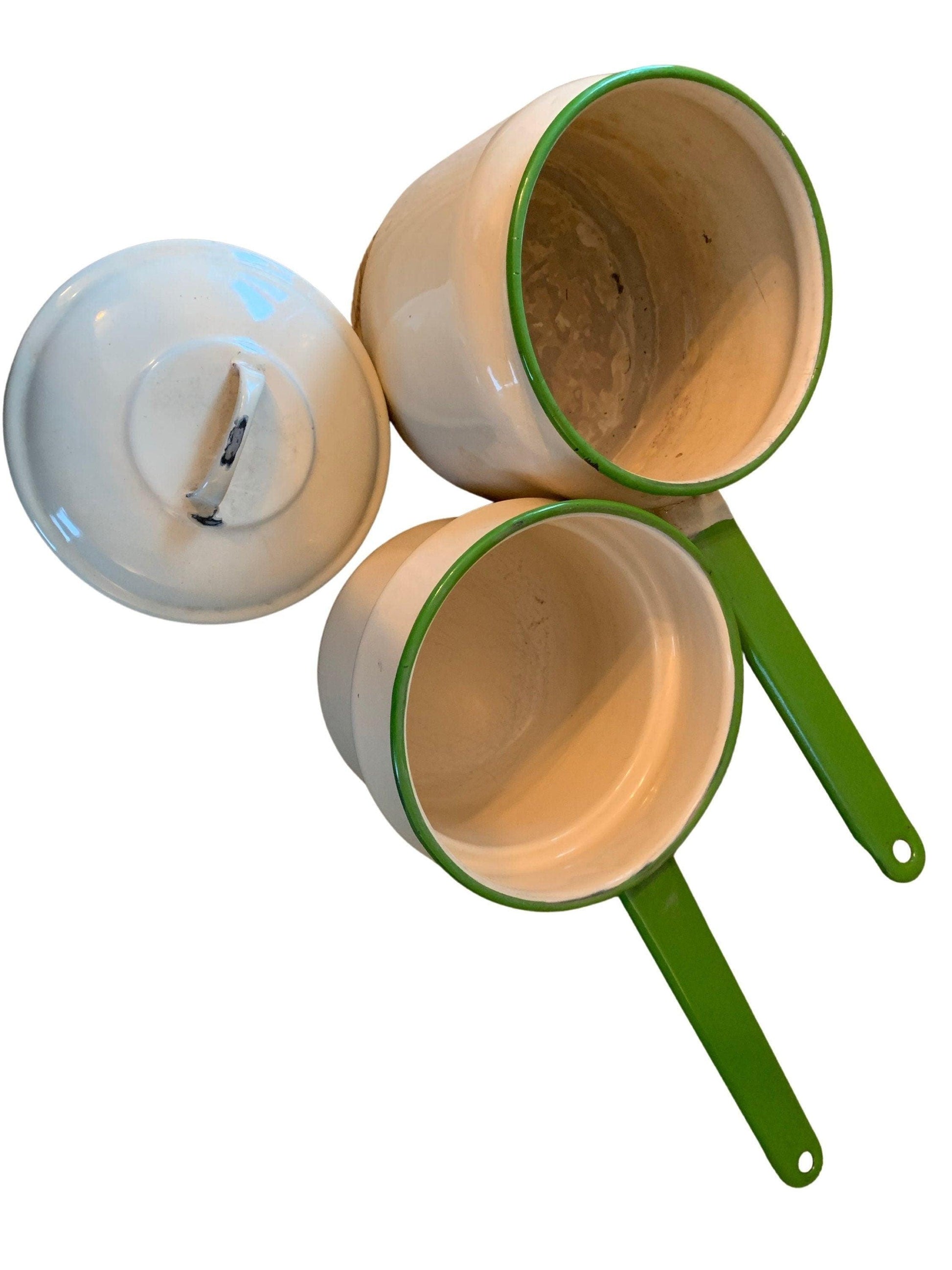 Vintage Cream Enamelware Double Boiler with Green Trim -Located at Funkyhouse Vintage Antique Store, Weiser Idaho
