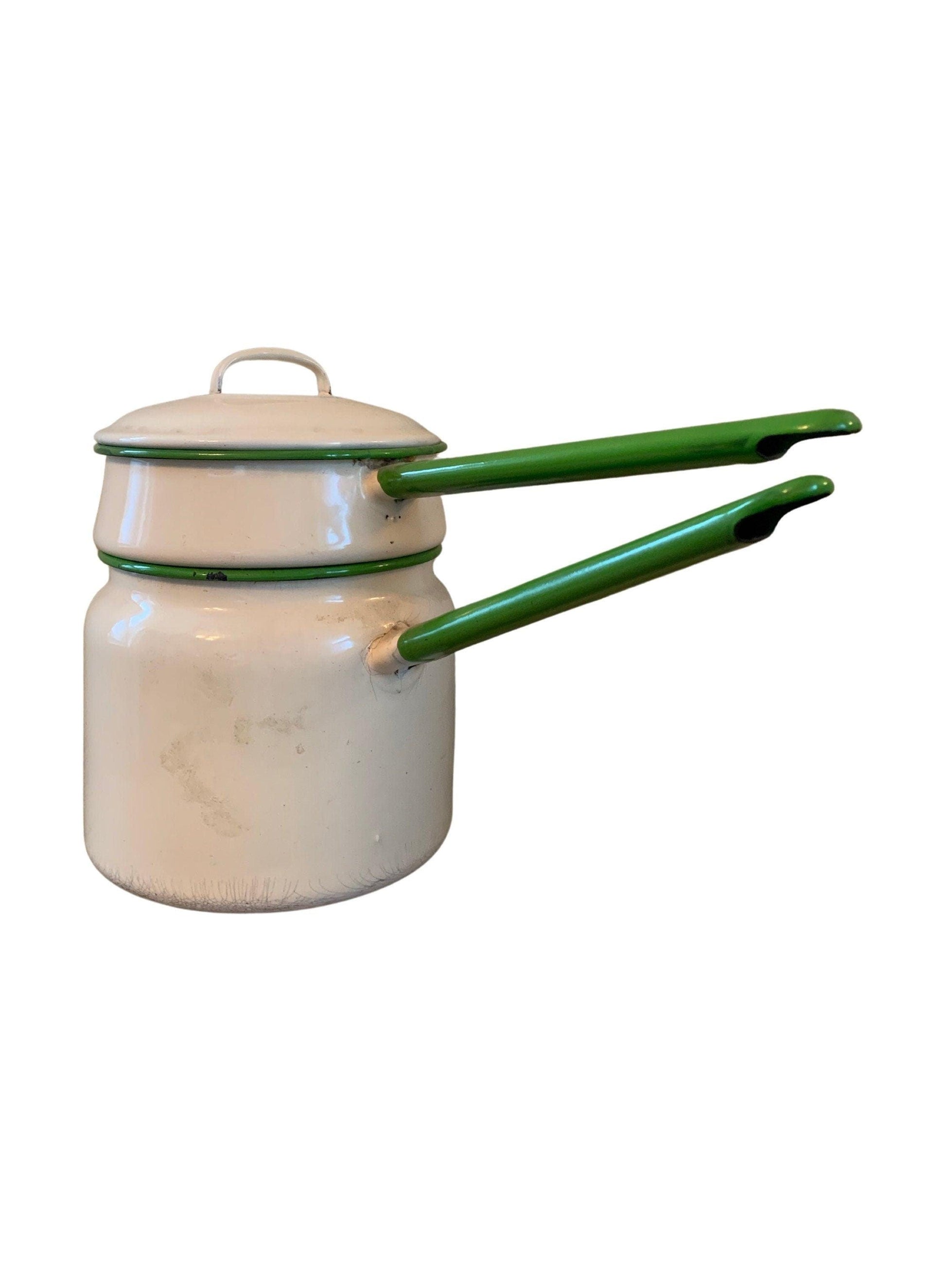 Vintage Cream Enamelware Double Boiler with Green Trim -Located at Funkyhouse Vintage Antique Store, Weiser Idaho