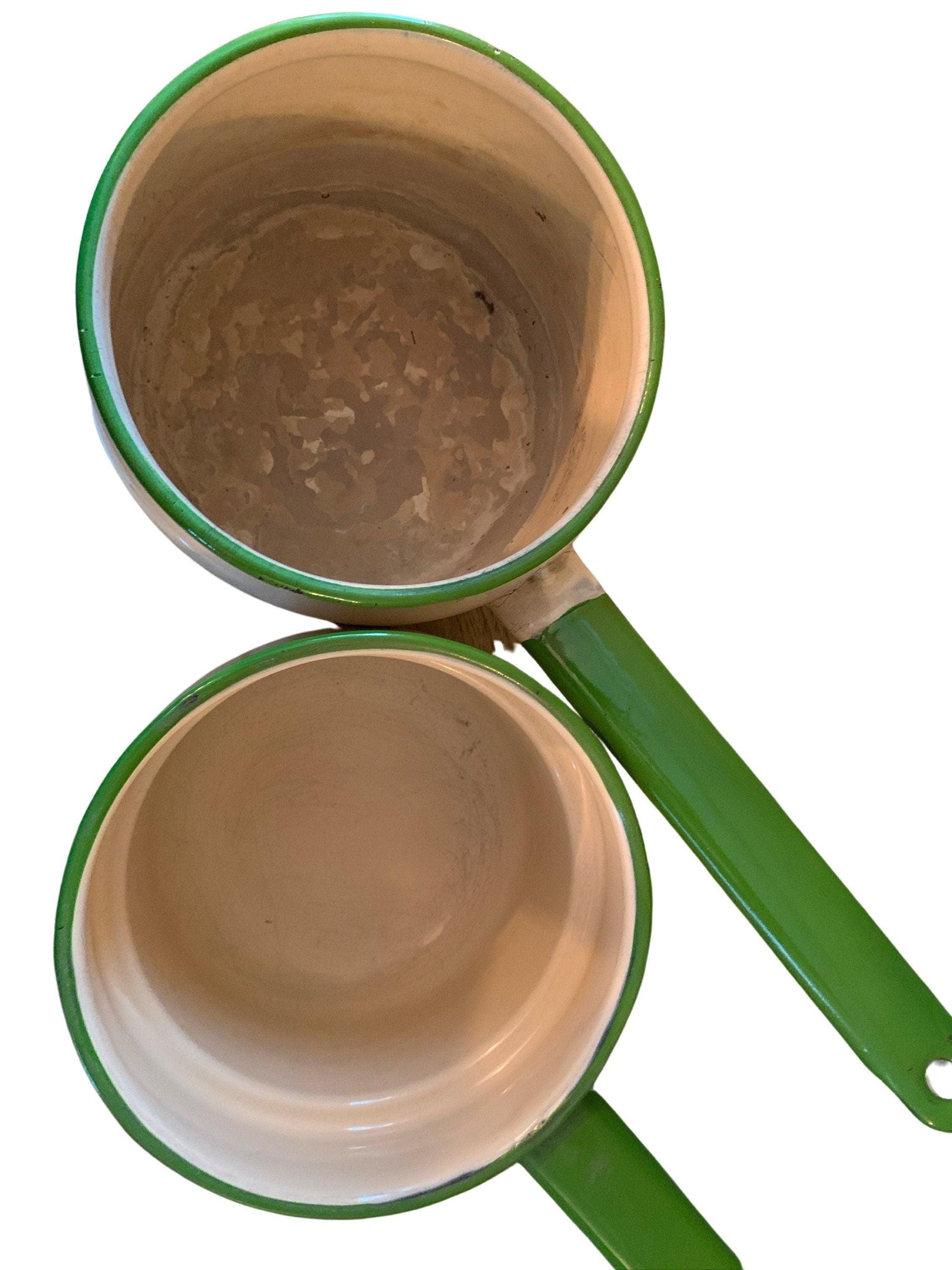 Vintage Cream Enamelware Double Boiler with Green Trim -Located at Funkyhouse Vintage Antique Store, Weiser Idaho