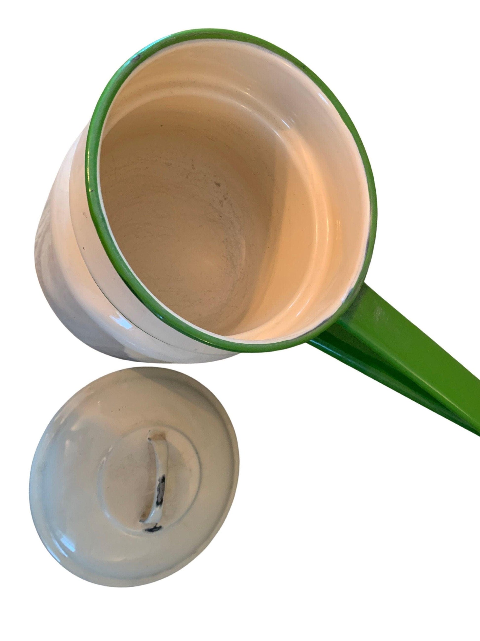 Vintage Cream Enamelware Double Boiler with Green Trim -Located at Funkyhouse Vintage Antique Store, Weiser Idaho