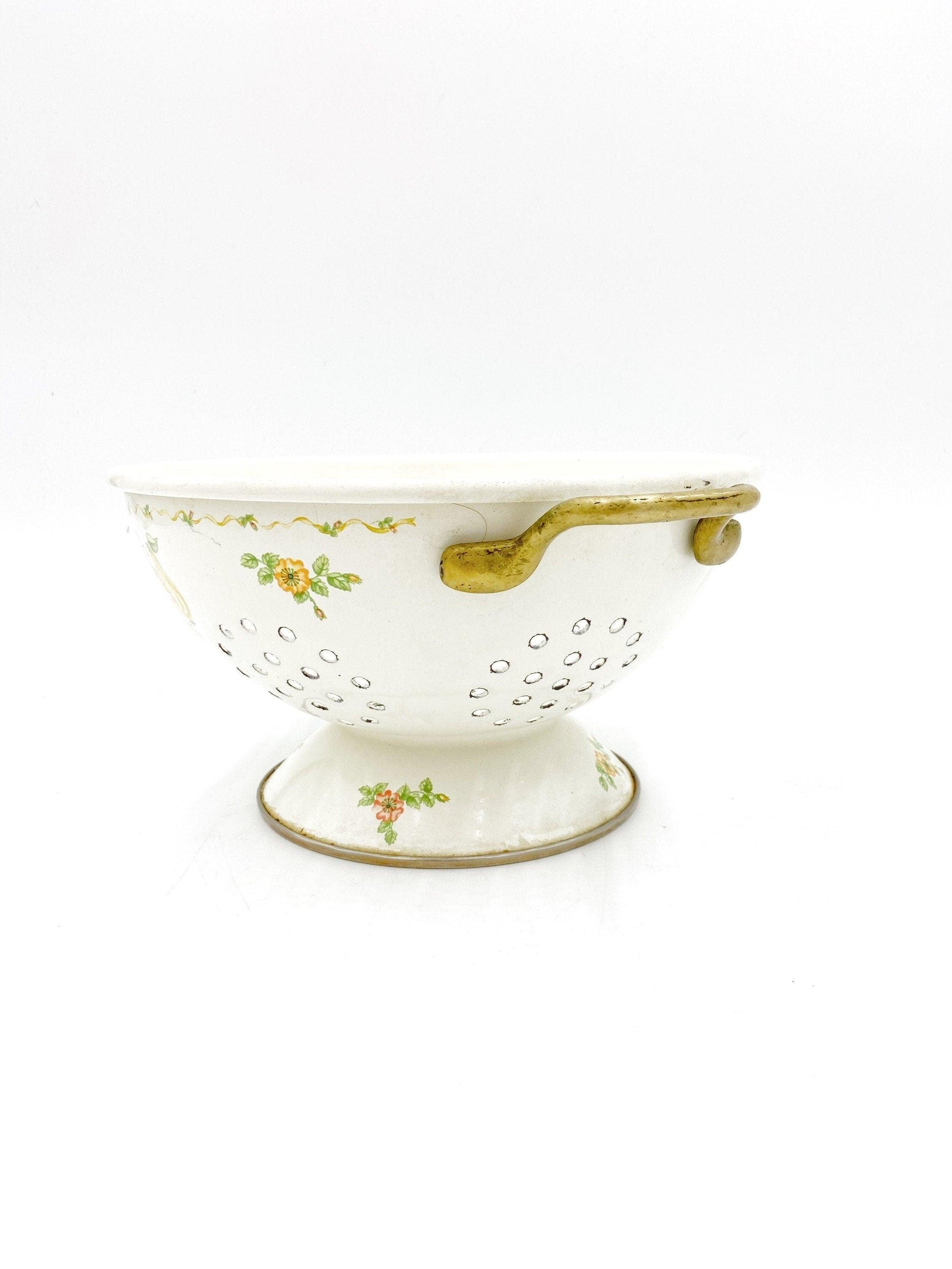 Vintage Enamelware Colander, Cream With Orange Flowers, Purple Grapes And Yellow Pear, Detail Vines, Decorative Kitchen Decor, Teleflora -Located at Funkyhouse Vintage Antique Store, Weiser Idaho