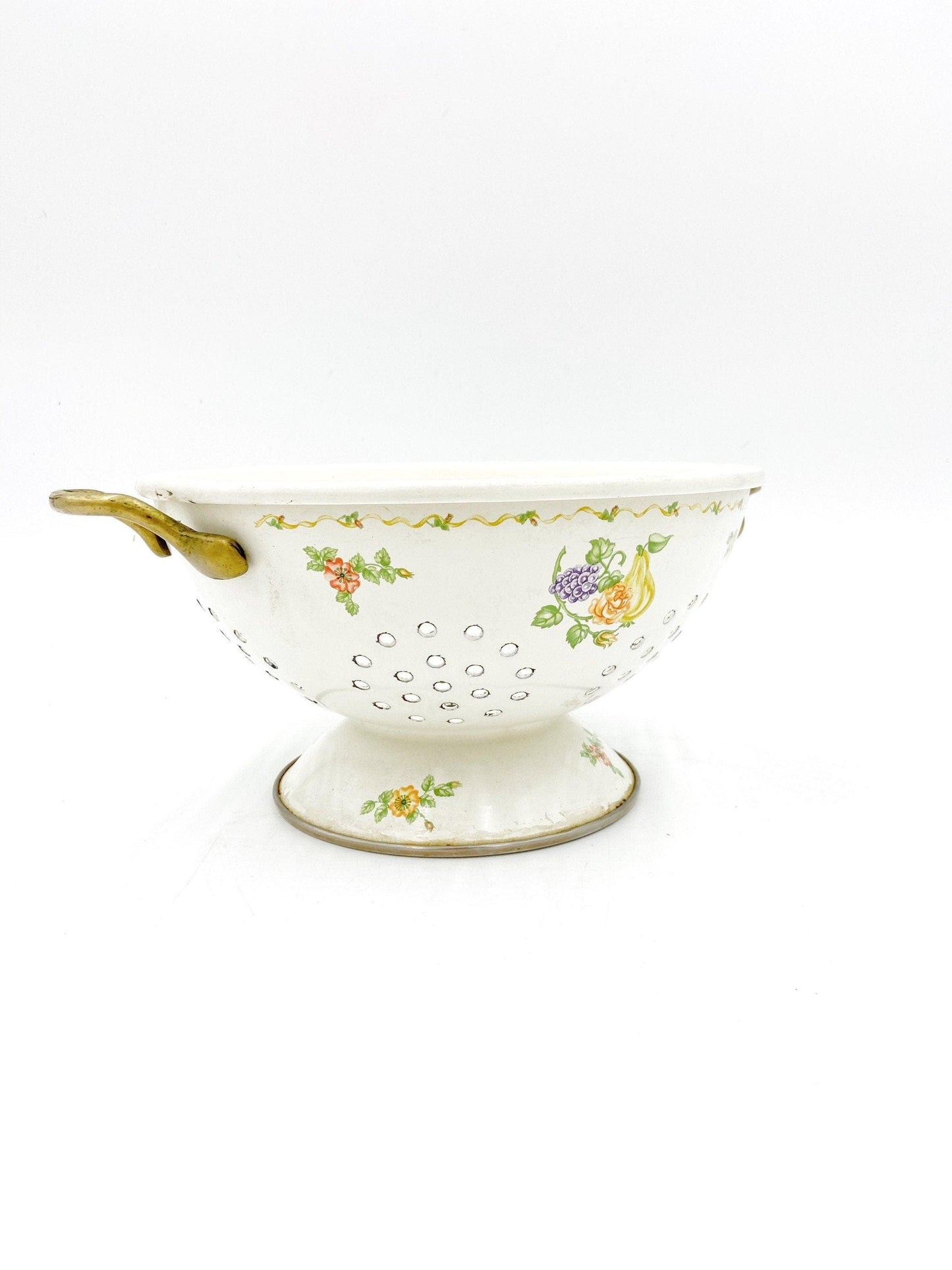 Vintage Enamelware Colander, Cream With Orange Flowers, Purple Grapes And Yellow Pear, Detail Vines, Decorative Kitchen Decor, Teleflora -Located at Funkyhouse Vintage Antique Store, Weiser Idaho