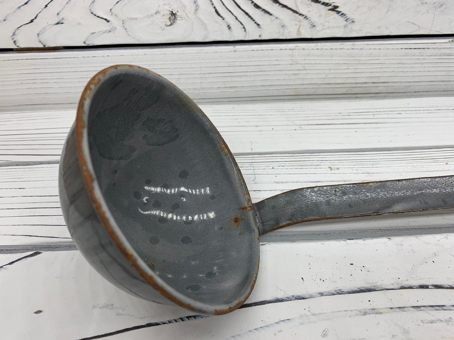 Vintage Enamelware Ladle, Grey Metal Kitchen Utencil -Located at Funkyhouse Vintage Antique Store, Weiser Idaho