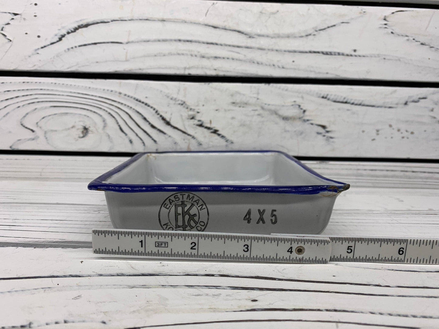 Vintage Enamelware Trays by Eastman Kodak Co, Set of Two White With Blue Trim Printing Trays With Spout For Photography -Located at Funkyhouse Vintage Antique Store, Weiser Idaho