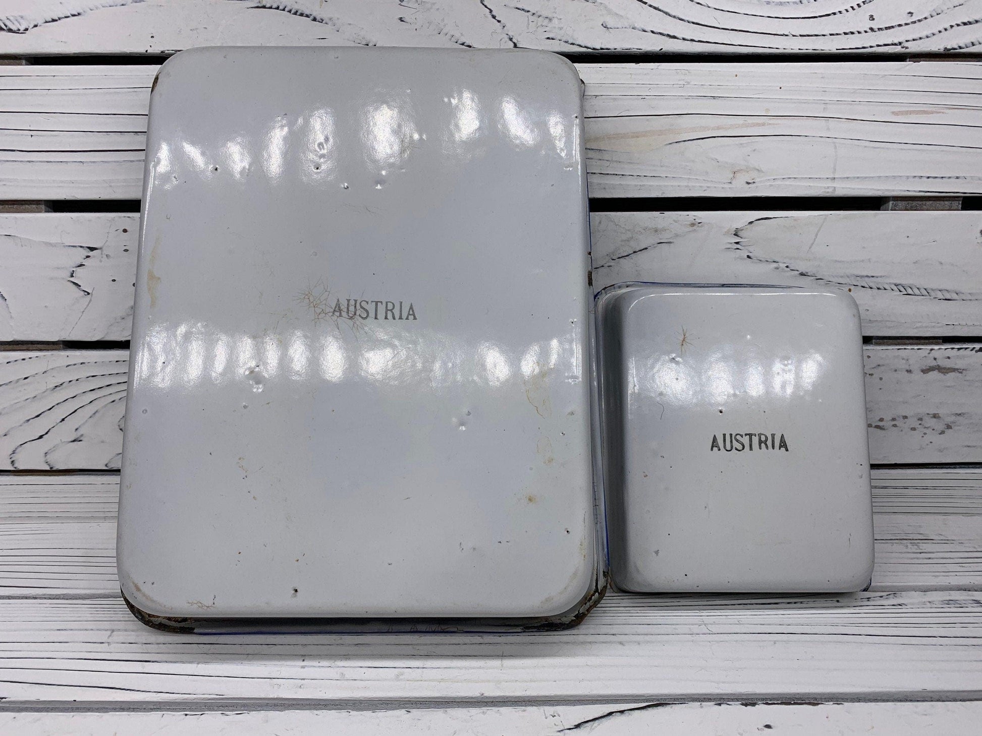 Vintage Enamelware Trays by Eastman Kodak Co, Set of Two White With Blue Trim Printing Trays With Spout For Photography -Located at Funkyhouse Vintage Antique Store, Weiser Idaho