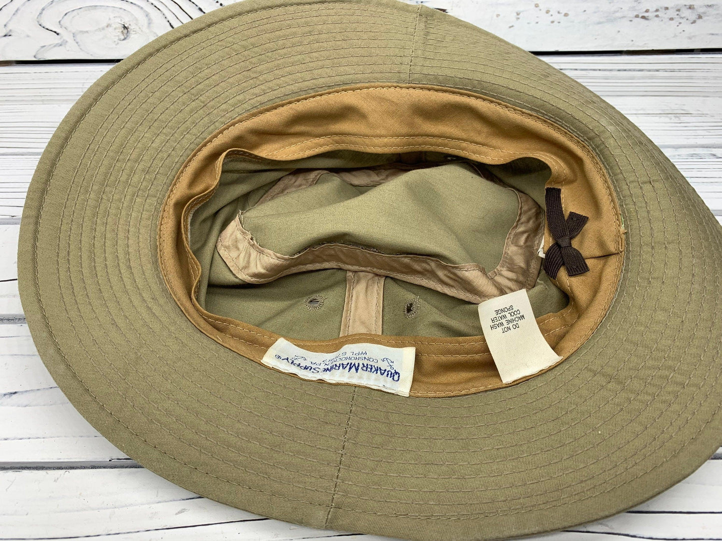 Vintage Fishing Hat by Quaker Marine Supply, Beige Sun Hat For Men With Blue Red Band -Located at Funkyhouse Vintage Antique Store, Weiser Idaho