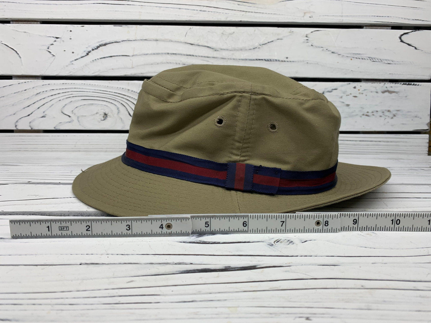 Vintage Fishing Hat by Quaker Marine Supply, Beige Sun Hat For Men With Blue Red Band -Located at Funkyhouse Vintage Antique Store, Weiser Idaho