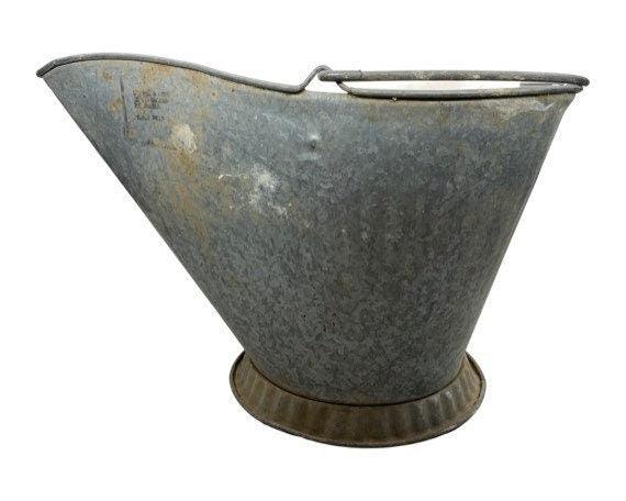 Vintage Galvanized Metal Ash Bucket, Coal Fireplace Scuttle for Hearth, Farmhouse Decor -Located at Funkyhouse Vintage Antique Store, Weiser Idaho