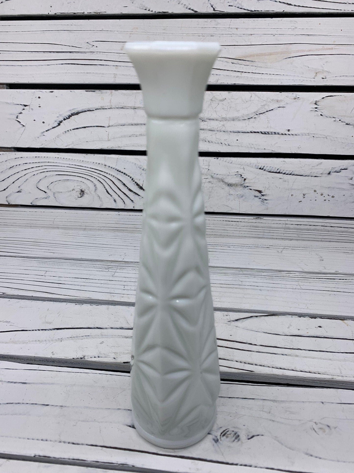 Vintage Glass Flower Bud Vase, White Milk Glass Single Rose Vase With Etched Detail For Weddings Or Showers -Located at Funkyhouse Vintage Antique Store, Weiser Idaho