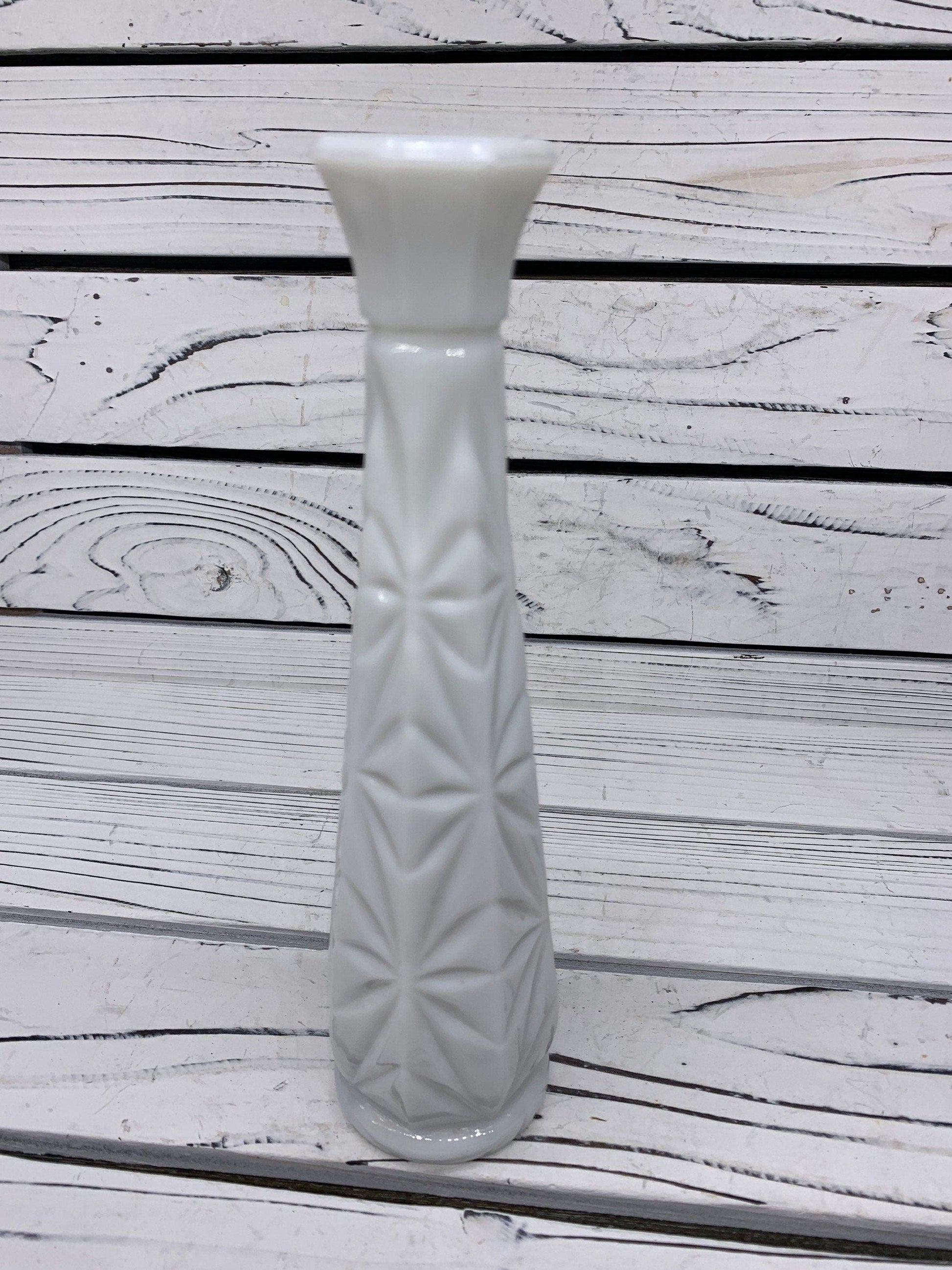 Vintage Glass Flower Vase, White Milk Glass Bud Vase With Etched Detail For Weddings Or Showers -Located at Funkyhouse Vintage Antique Store, Weiser Idaho