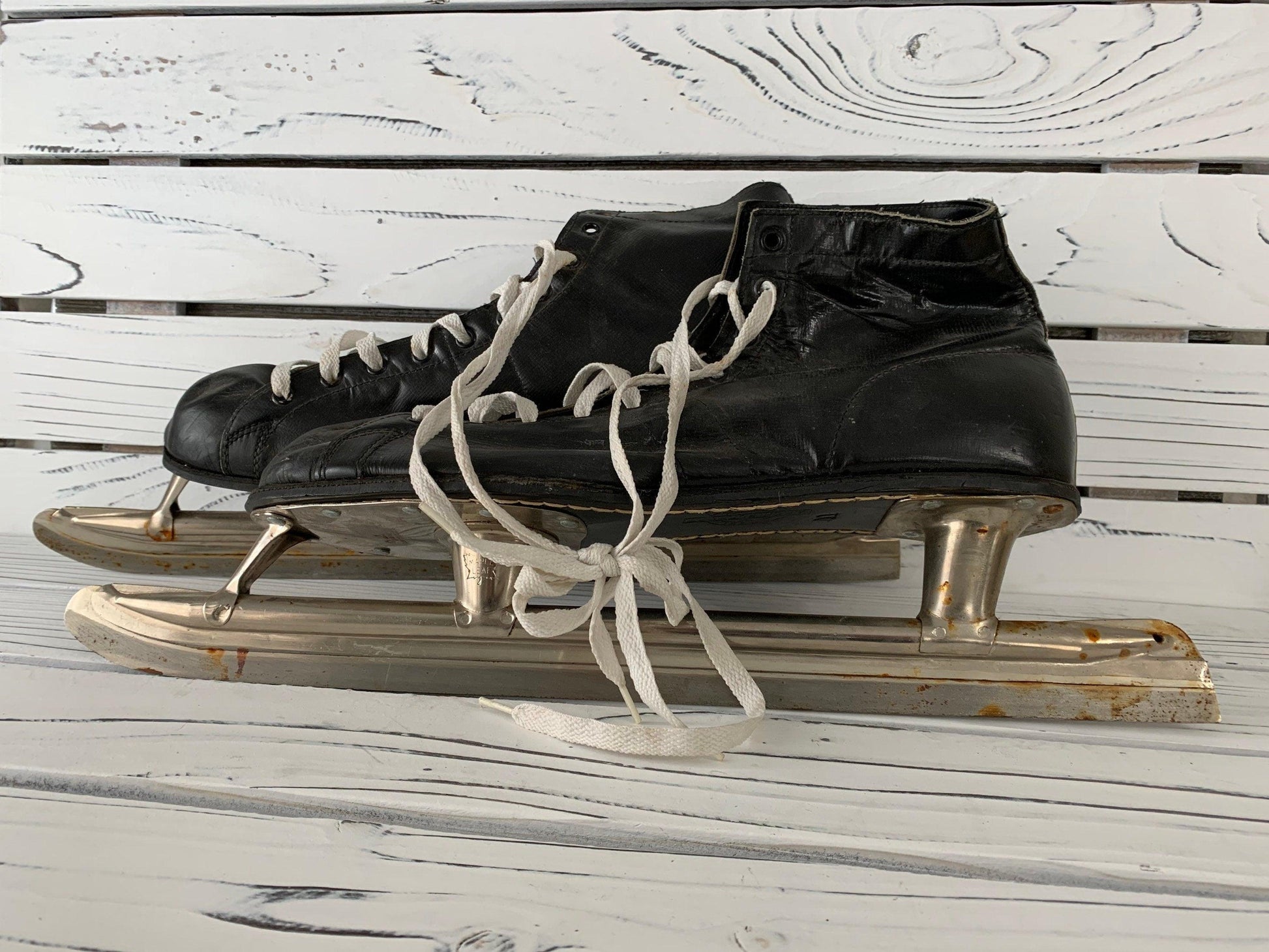 Vintage Ice Skates, Black Leather Skates With Maple Leaf On Blade, Mens Skates -Located at Funkyhouse Vintage Antique Store, Weiser Idaho