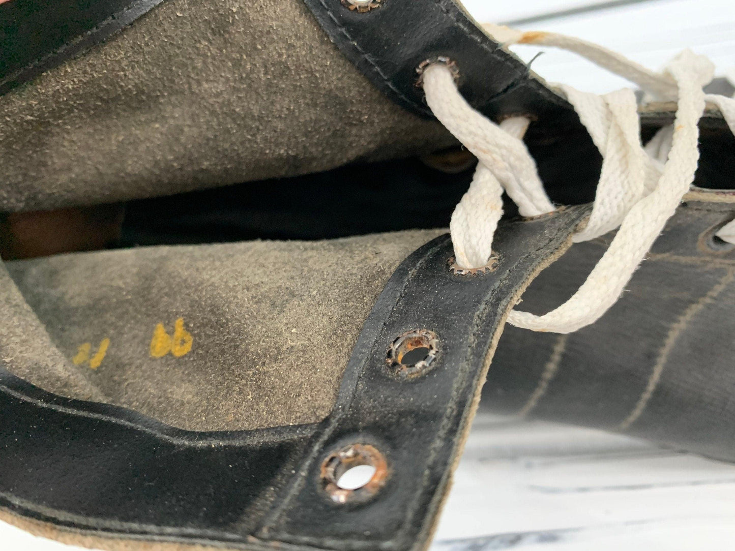 Vintage Ice Skates, Black Leather Skates With Maple Leaf On Blade, Mens Skates -Located at Funkyhouse Vintage Antique Store, Weiser Idaho
