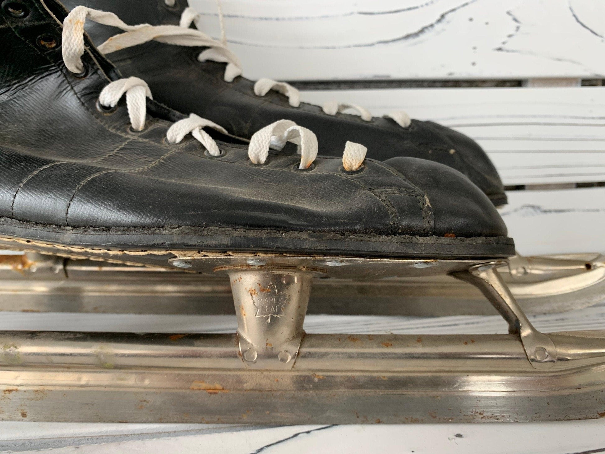 Vintage Ice Skates, Black Leather Skates With Maple Leaf On Blade, Mens Skates -Located at Funkyhouse Vintage Antique Store, Weiser Idaho