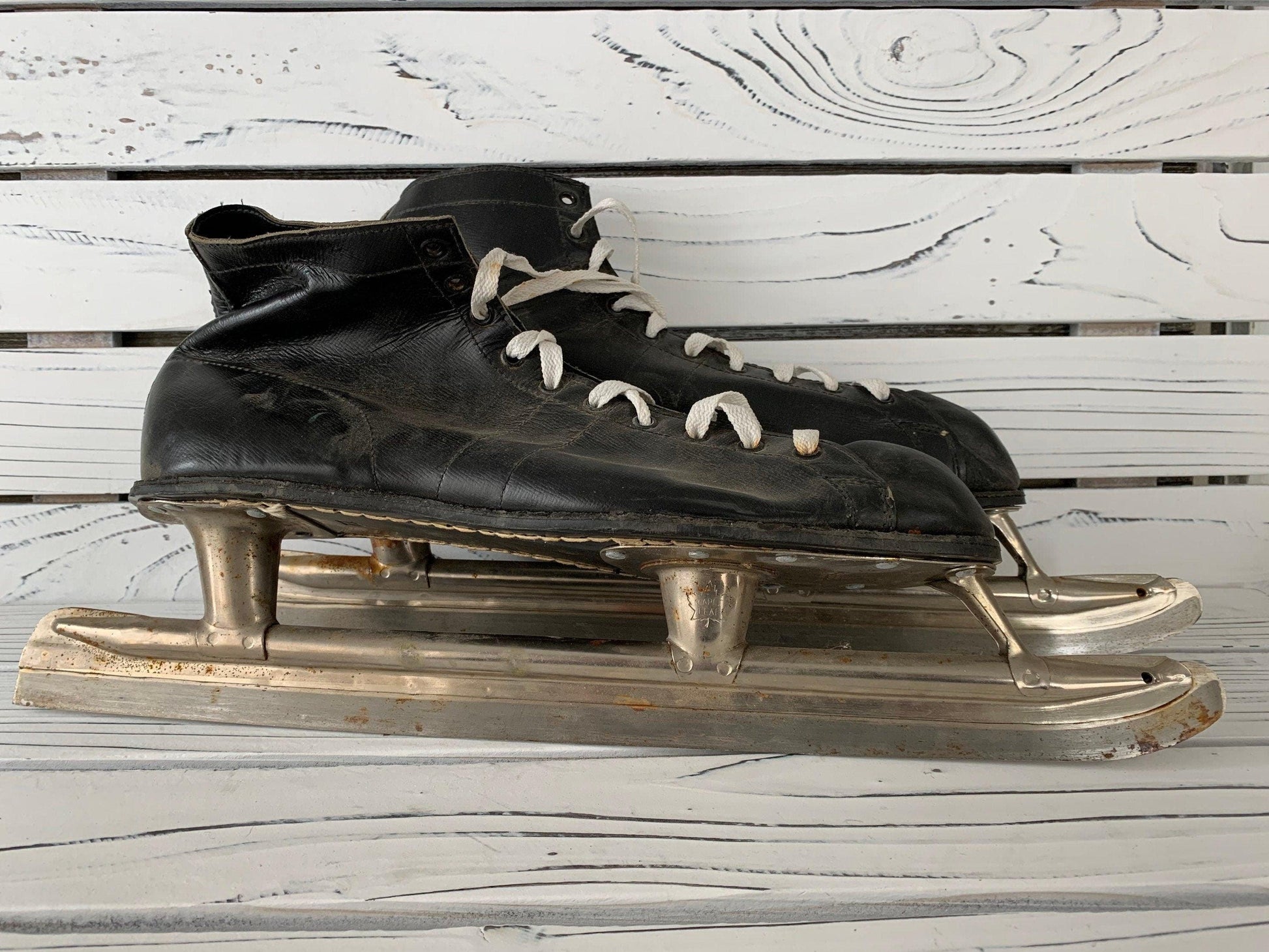 Vintage Ice Skates, Black Leather Skates With Maple Leaf On Blade, Mens Skates -Located at Funkyhouse Vintage Antique Store, Weiser Idaho