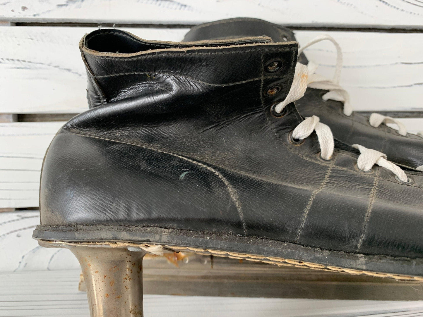 Vintage Ice Skates, Black Leather Skates With Maple Leaf On Blade, Mens Skates -Located at Funkyhouse Vintage Antique Store, Weiser Idaho