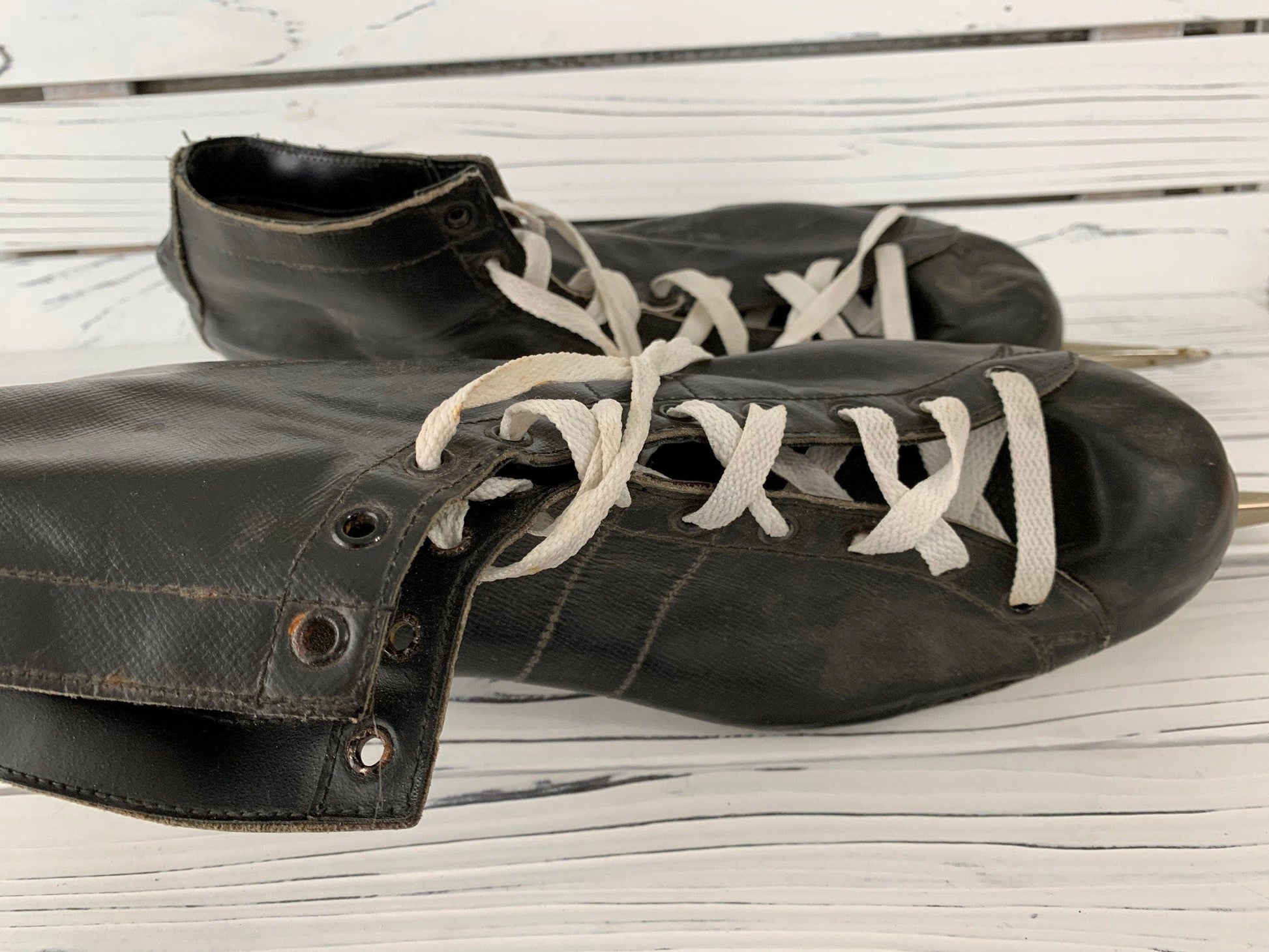 Vintage Ice Skates, Black Leather Skates With Maple Leaf On Blade, Mens Skates -Located at Funkyhouse Vintage Antique Store, Weiser Idaho