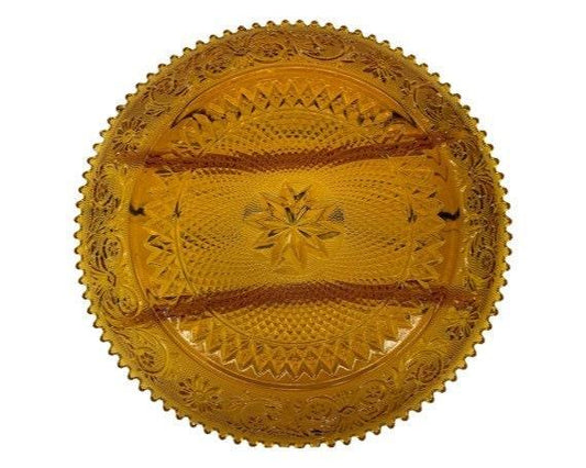 Vintage Indiana Glass Serving Platter with Separators, Amber Serving Condiments or Appetizers Dish -Located at Funkyhouse Vintage Antique Store, Weiser Idaho