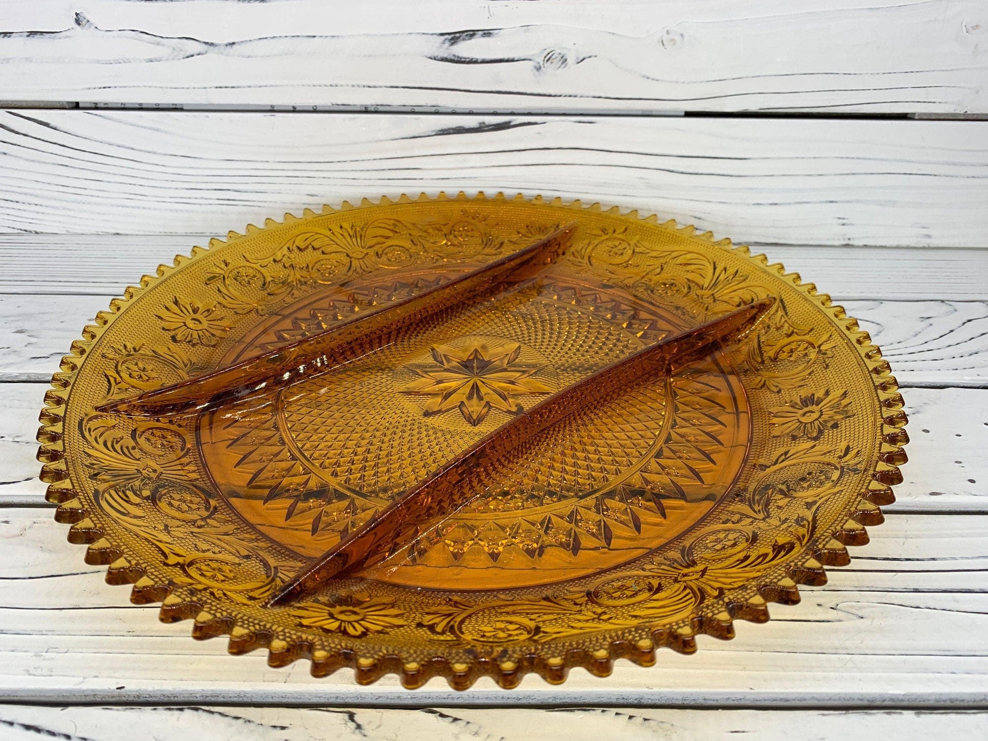 Vintage Indiana Glass Serving Platter with Separators, Amber Serving Condiments or Appetizers Dish -Located at Funkyhouse Vintage Antique Store, Weiser Idaho