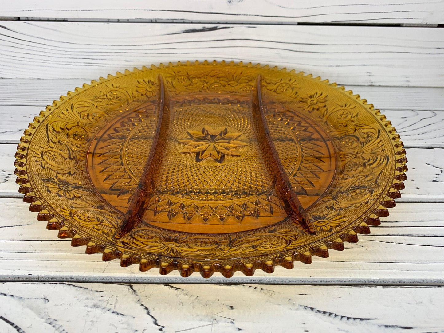 Vintage Indiana Glass Serving Platter with Separators, Amber Serving Condiments or Appetizers Dish -Located at Funkyhouse Vintage Antique Store, Weiser Idaho