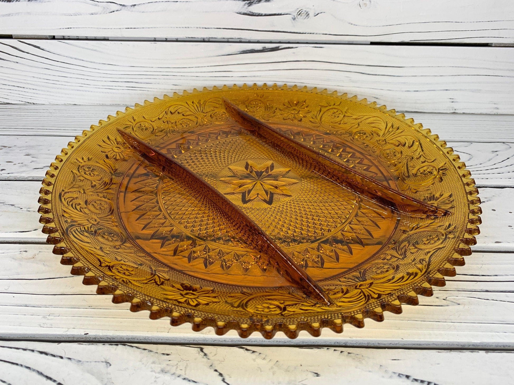 Vintage Indiana Glass Serving Platter with Separators, Amber Serving Condiments or Appetizers Dish -Located at Funkyhouse Vintage Antique Store, Weiser Idaho