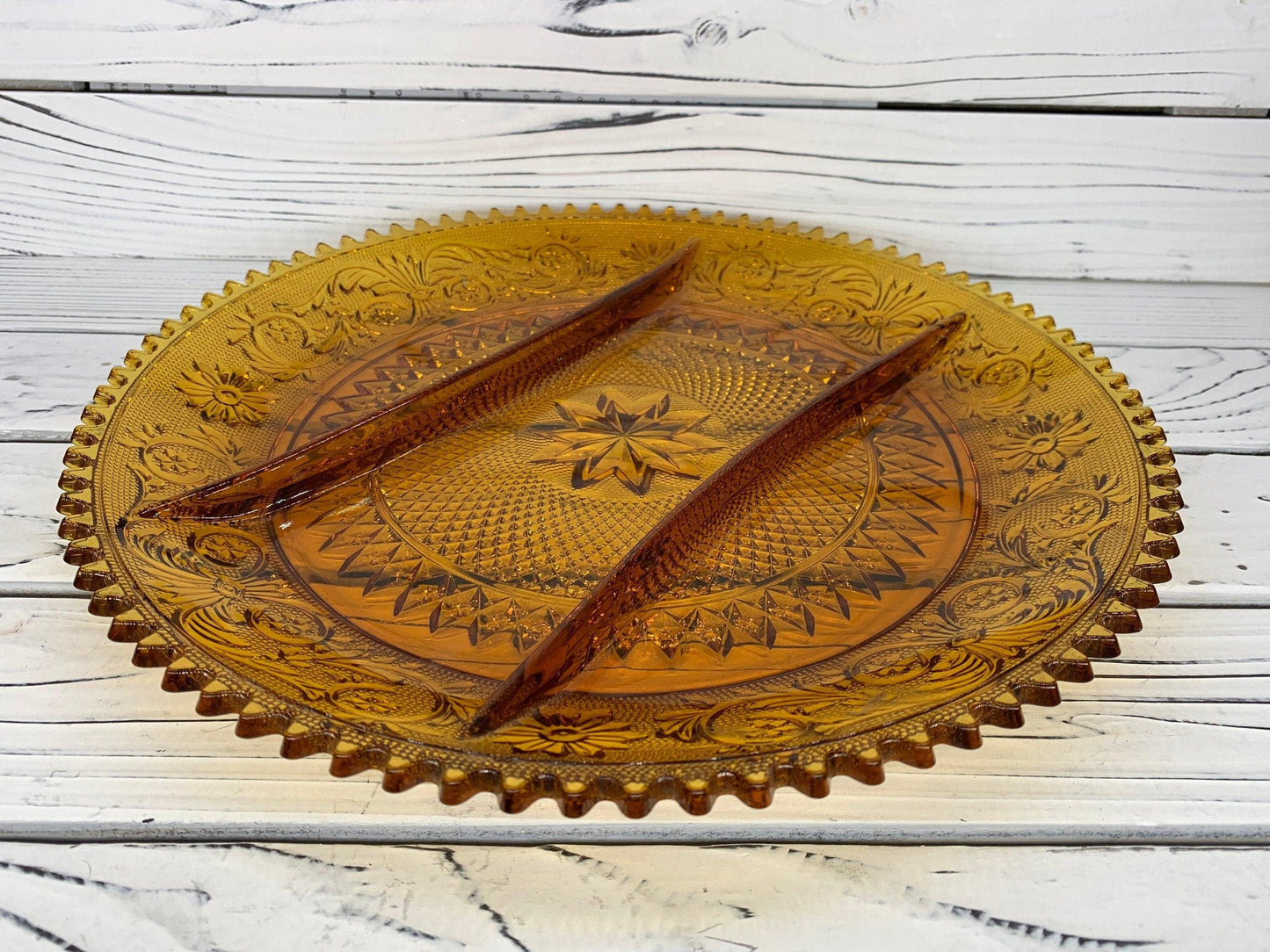 Vintage Indiana Glass Serving Platter with Separators, Amber Serving Condiments or Appetizers Dish -Located at Funkyhouse Vintage Antique Store, Weiser Idaho