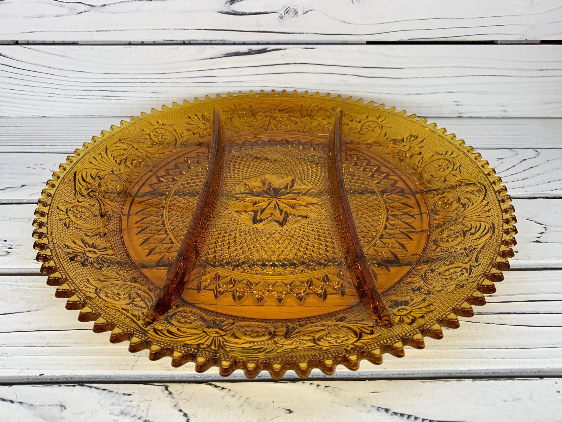 Vintage Indiana Glass Serving Platter with Separators, Amber Serving Condiments or Appetizers Dish -Located at Funkyhouse Vintage Antique Store, Weiser Idaho