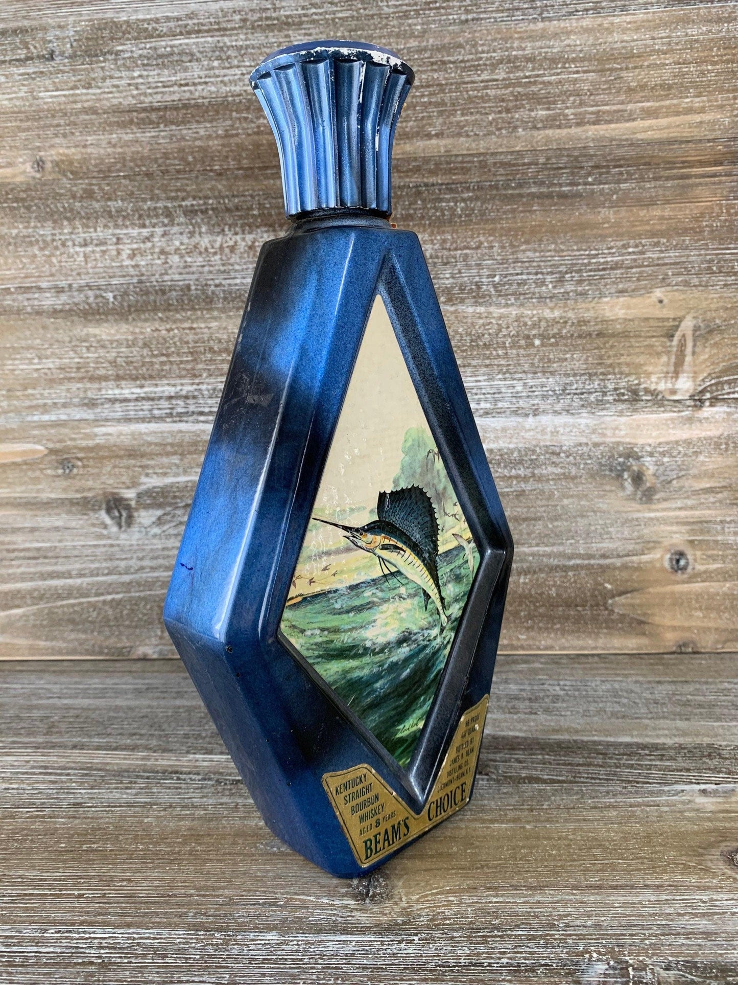Vintage Jim Beam Decanter, James Lockhart Sailfish Painting, Barware Collectible -Located at Funkyhouse Vintage Antique Store, Weiser Idaho