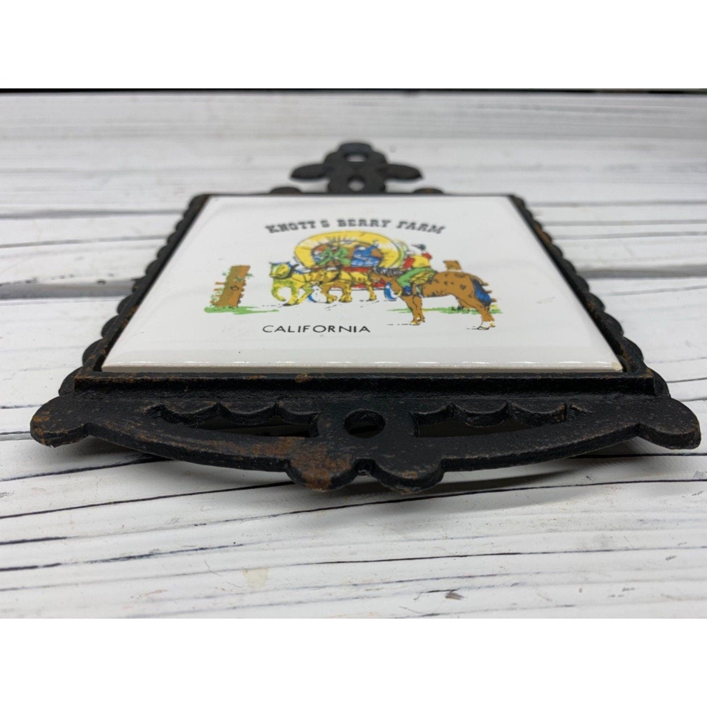 Vintage Knott's Berry Farm Trivet, Ceramic & Cast Iron Souvenir Trivet, Collectors Kitchen Pan Rest -Located at Funkyhouse Vintage Antique Store, Weiser Idaho