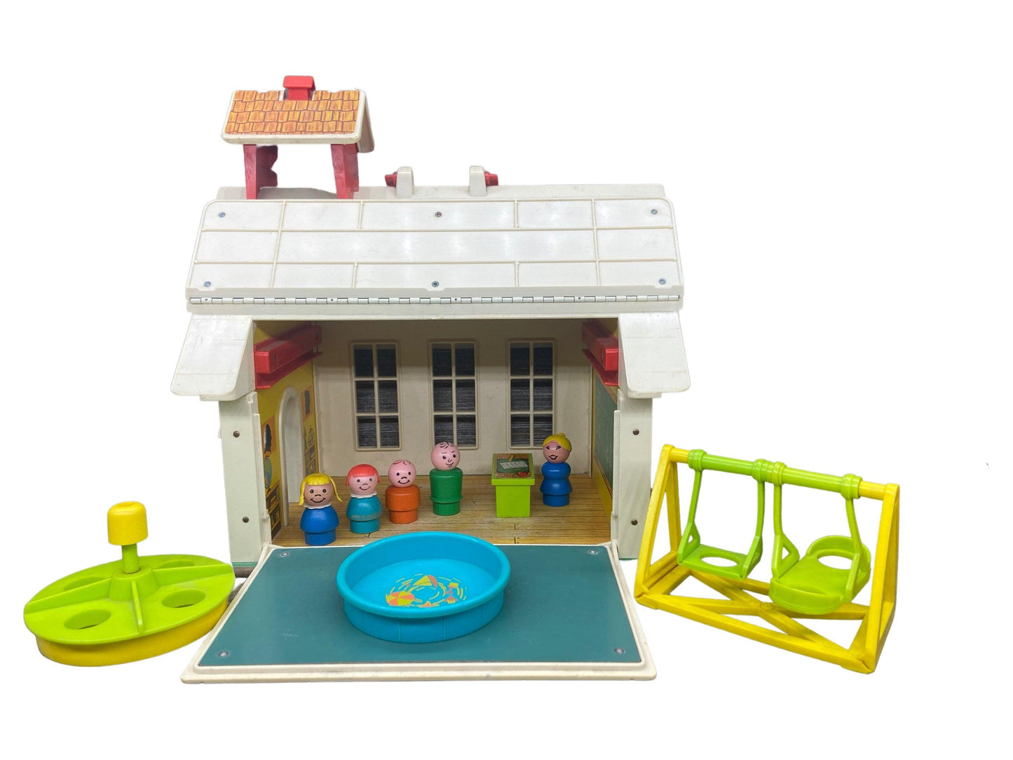 Vintage Little People School House, Merry Go Round, Swing, Students, 1970s Fisher Price Toys, Pretend Play -Located at Funkyhouse Vintage Antique Store, Weiser Idaho