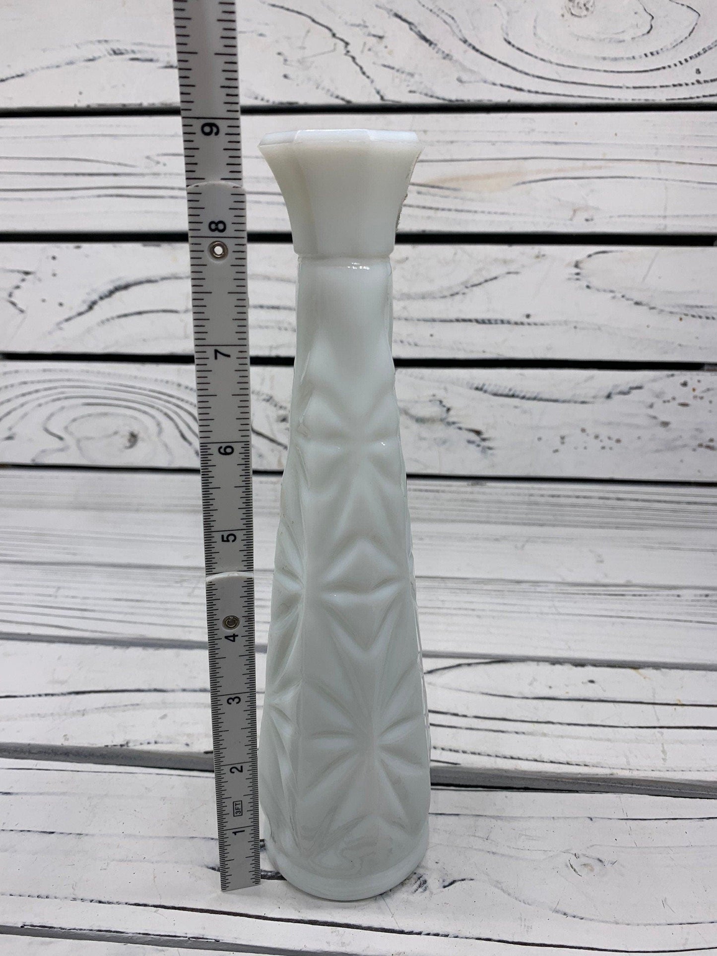 Vintage Milk Glass Flower Vase, White Glass Bud Vase With Etched Detail For Weddings Or Showers -Located at Funkyhouse Vintage Antique Store, Weiser Idaho