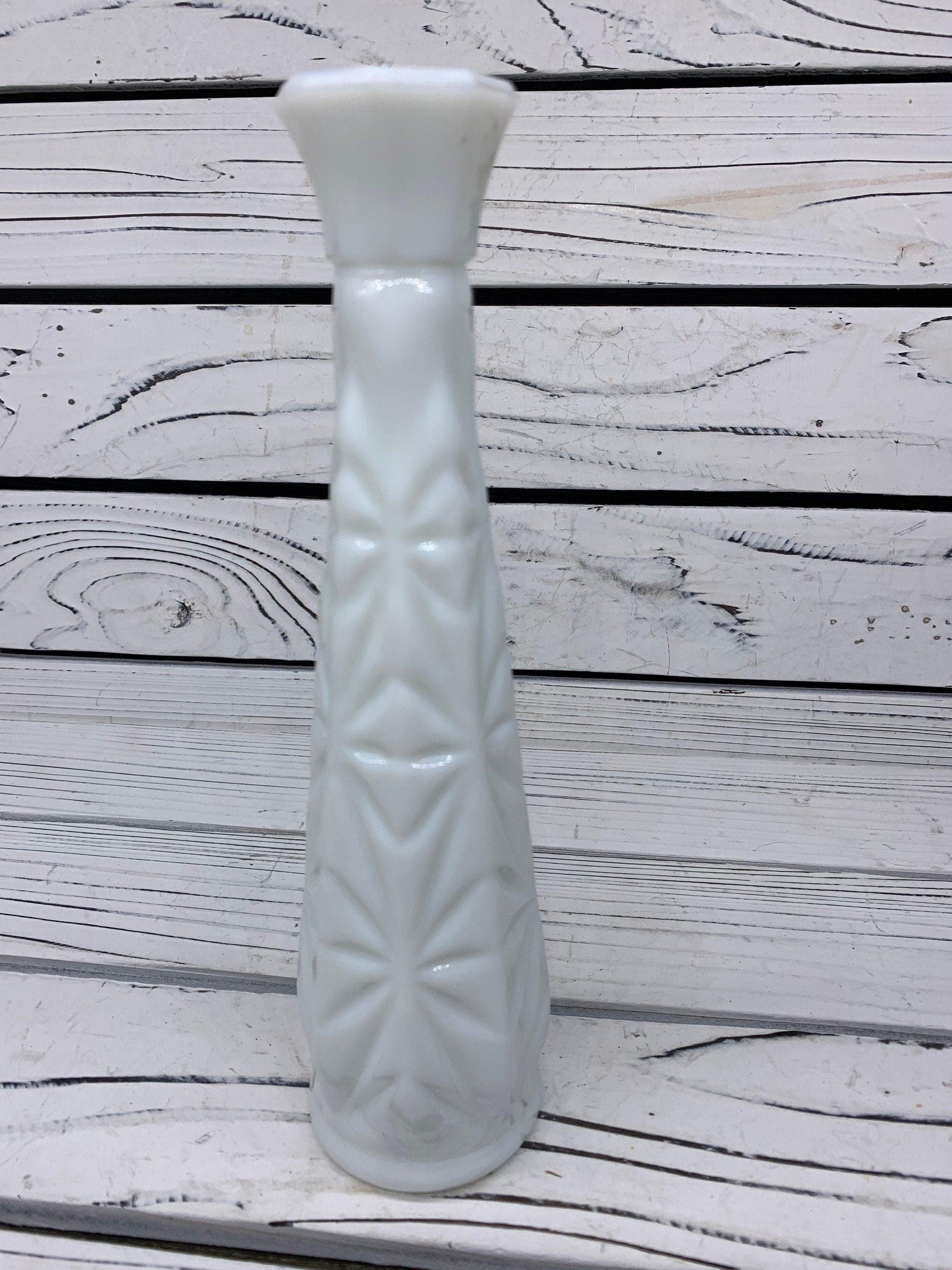 Vintage Milk Glass Flower Vase, White Glass Bud Vase With Etched Detail For Weddings Or Showers -Located at Funkyhouse Vintage Antique Store, Weiser Idaho