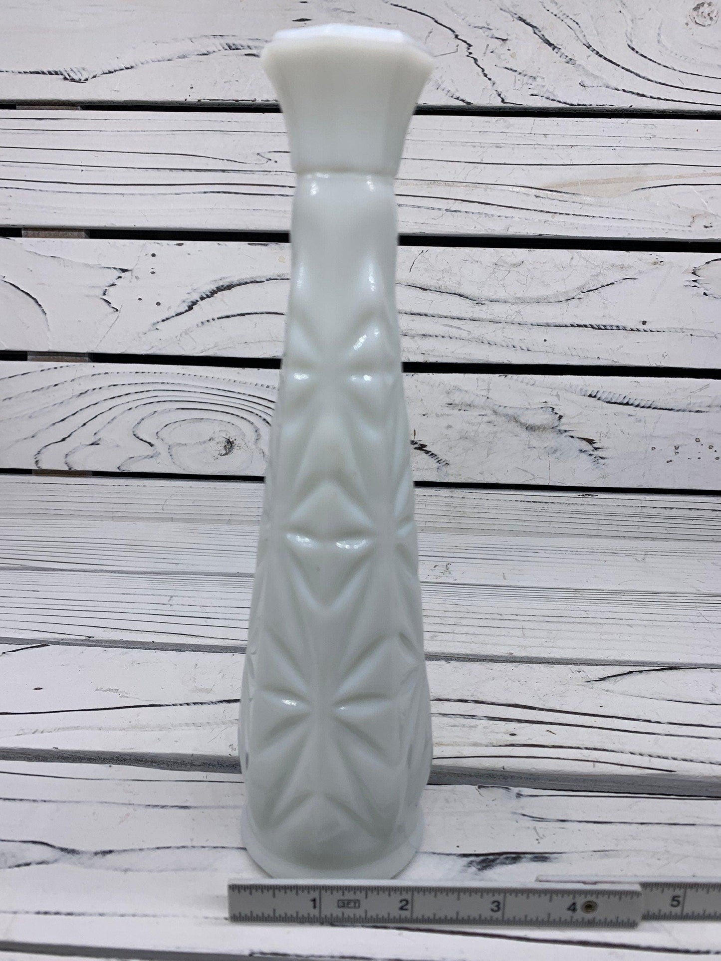 Vintage Milk Glass Flower Vase, White Glass Bud Vase With Etched Detail For Weddings Or Showers -Located at Funkyhouse Vintage Antique Store, Weiser Idaho