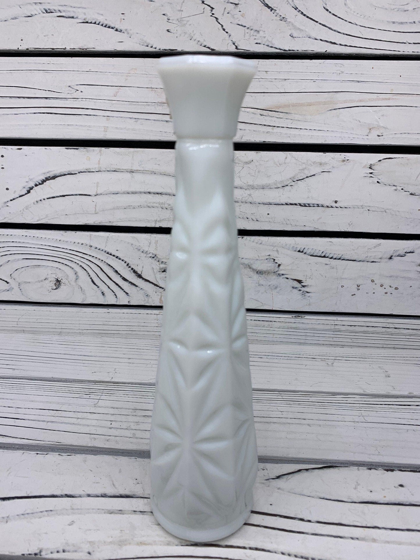 Vintage Milk Glass Flower Vase, White Glass Bud Vase With Etched Detail For Weddings Or Showers -Located at Funkyhouse Vintage Antique Store, Weiser Idaho