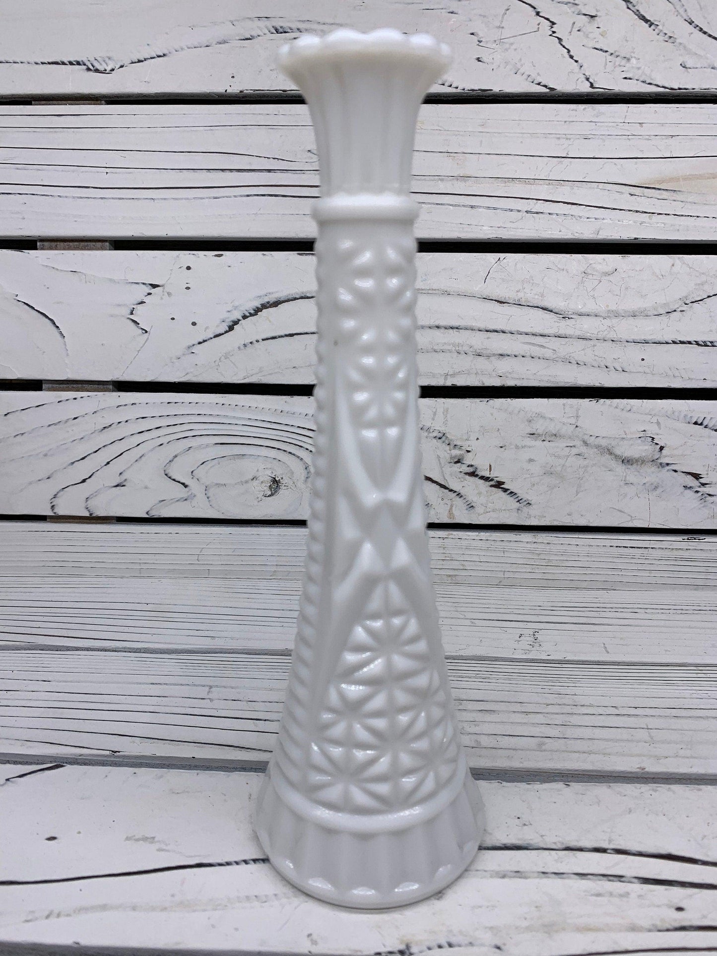 Vintage Milk Glass Vase, White Single Rose Vase With Etched Detail For Weddings Or Showers -Located at Funkyhouse Vintage Antique Store, Weiser Idaho