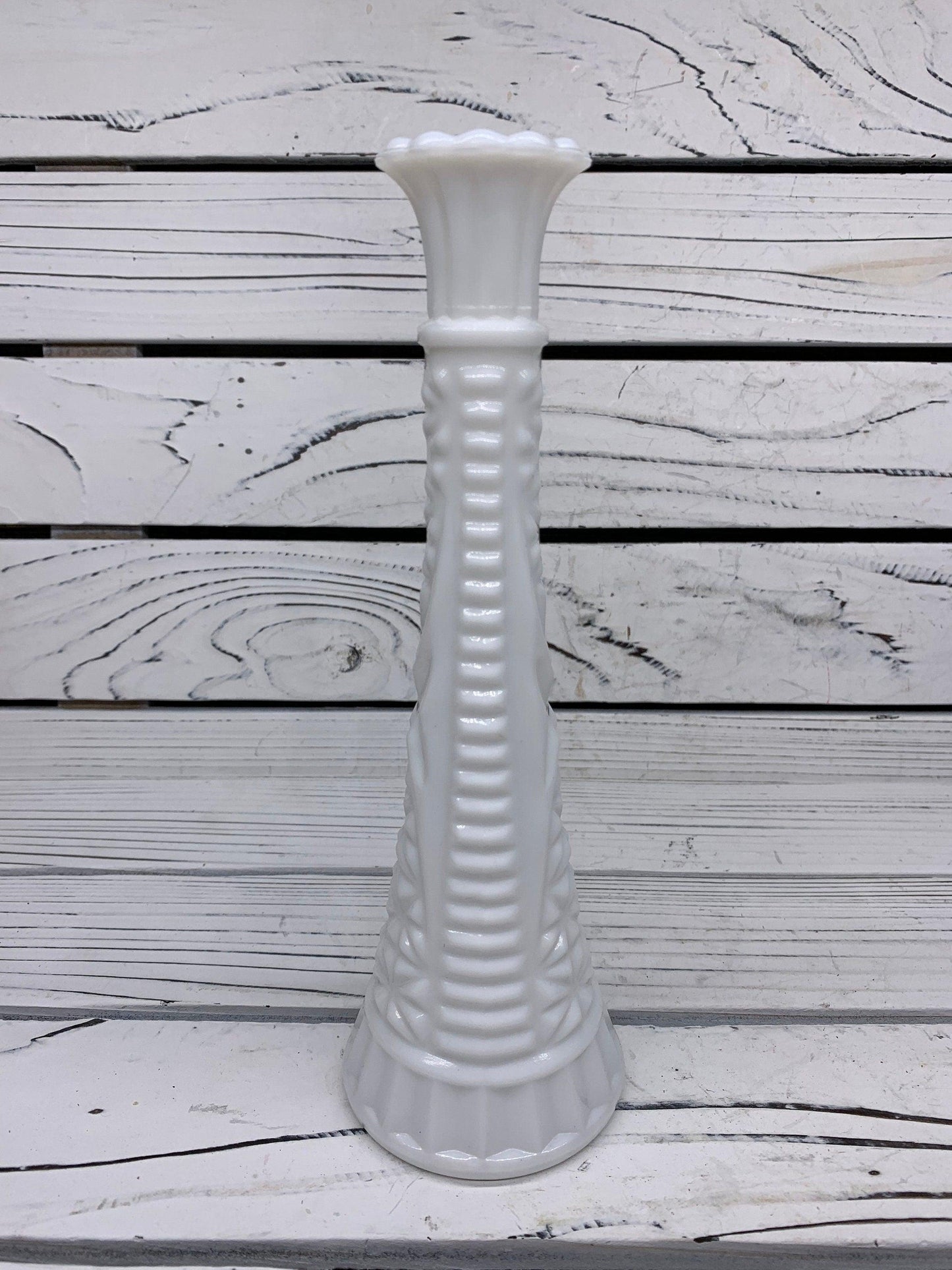 Vintage Milk Glass Vase, White Single Rose Vase With Etched Detail For Weddings Or Showers -Located at Funkyhouse Vintage Antique Store, Weiser Idaho