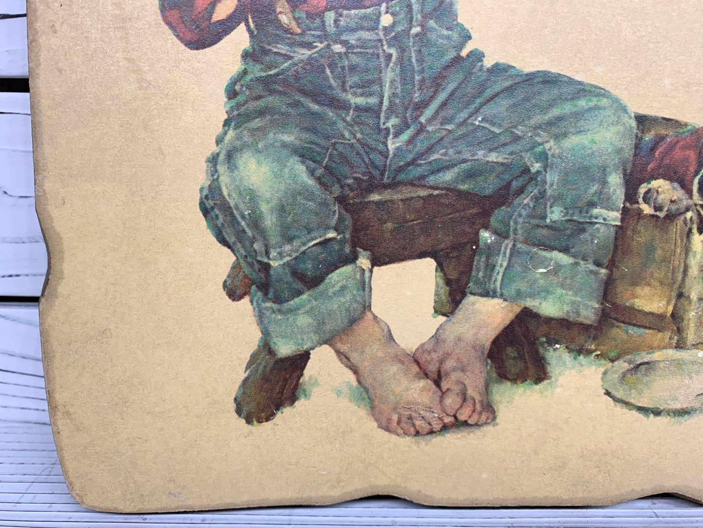 Vintage Norman Rockwell Wall Art, A Little Boy and His Best Friend Puppy Pressed Wood Wall Art, 1950s Farmhouse Country Decor -Located at Funkyhouse Vintage Antique Store, Weiser Idaho
