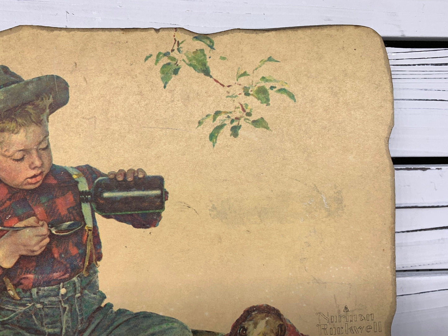 Vintage Norman Rockwell Wall Art, A Little Boy and His Best Friend Puppy Pressed Wood Wall Art, 1950s Farmhouse Country Decor -Located at Funkyhouse Vintage Antique Store, Weiser Idaho